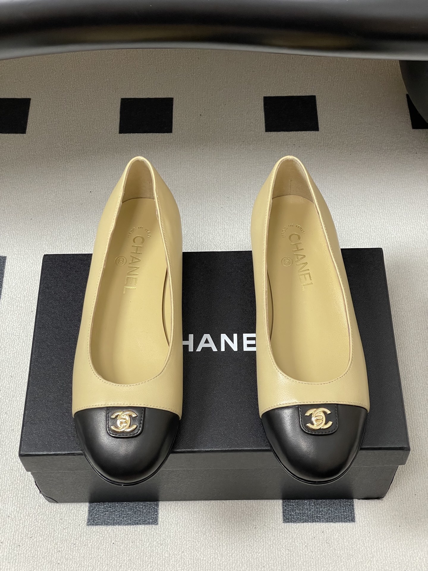 Chanel Classic Beige & Black Leather Ballet Flats with Gold CC Logo