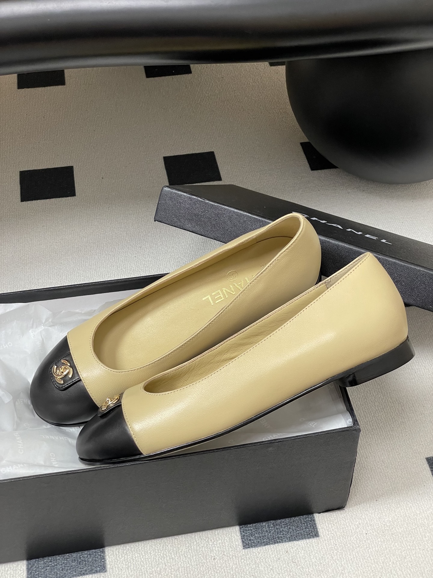 Chanel Classic Beige & Black Leather Ballet Flats with Gold CC Logo