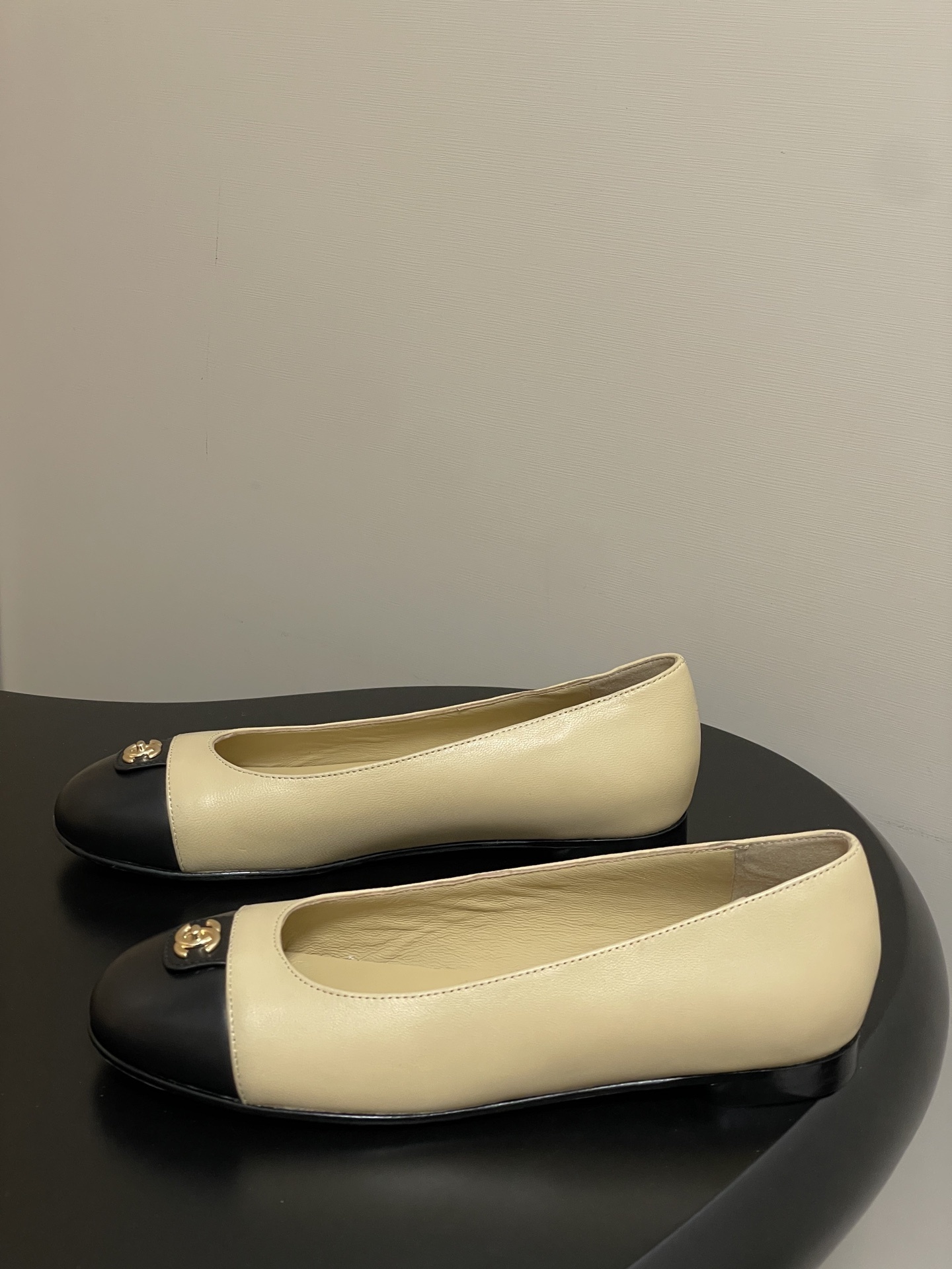 Chanel Classic Beige & Black Leather Ballet Flats with Gold CC Logo