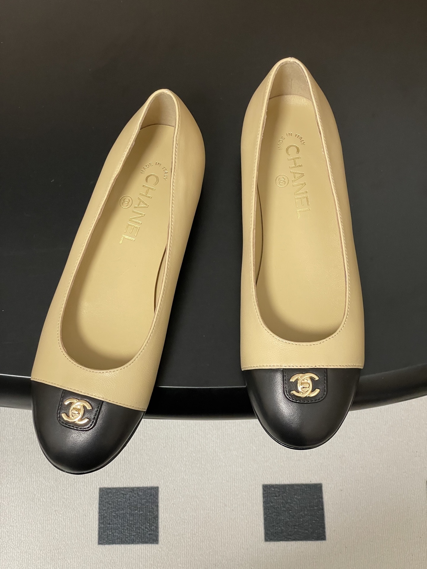 Chanel Classic Beige & Black Leather Ballet Flats with Gold CC Logo
