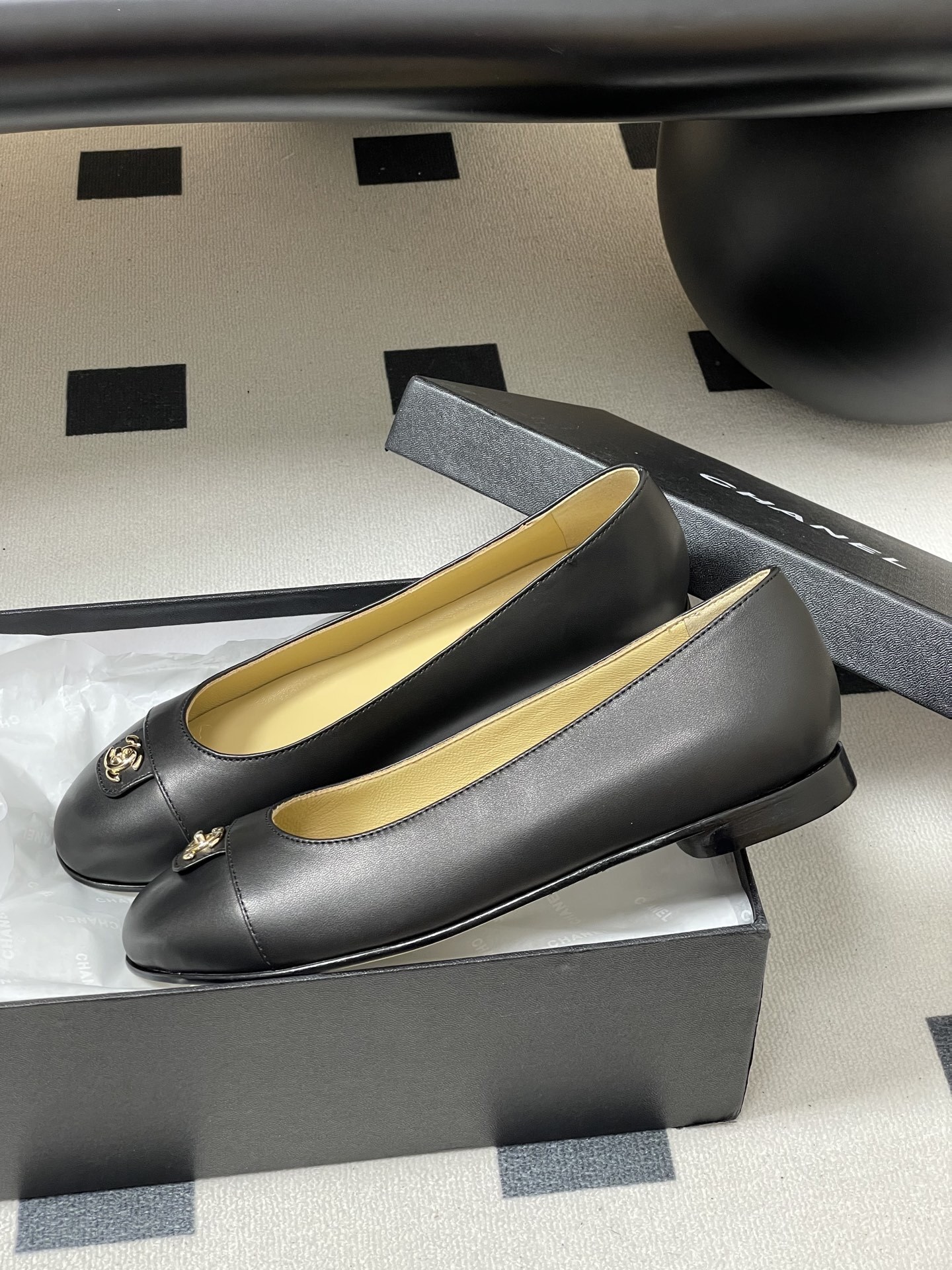 Chanel Classic Black Lambskin Ballet Flats with Gold CC Logo