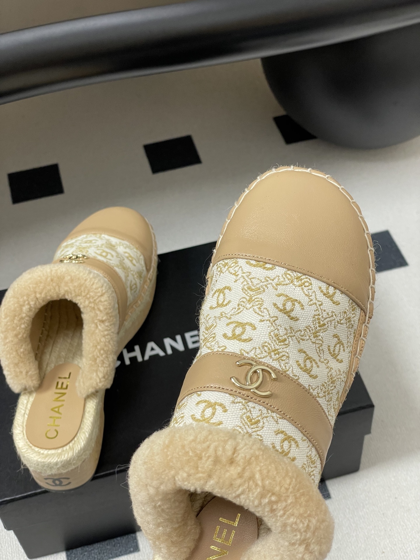 Chanel Monogram Shearling Platform Mules - Luxury Beige Clogs