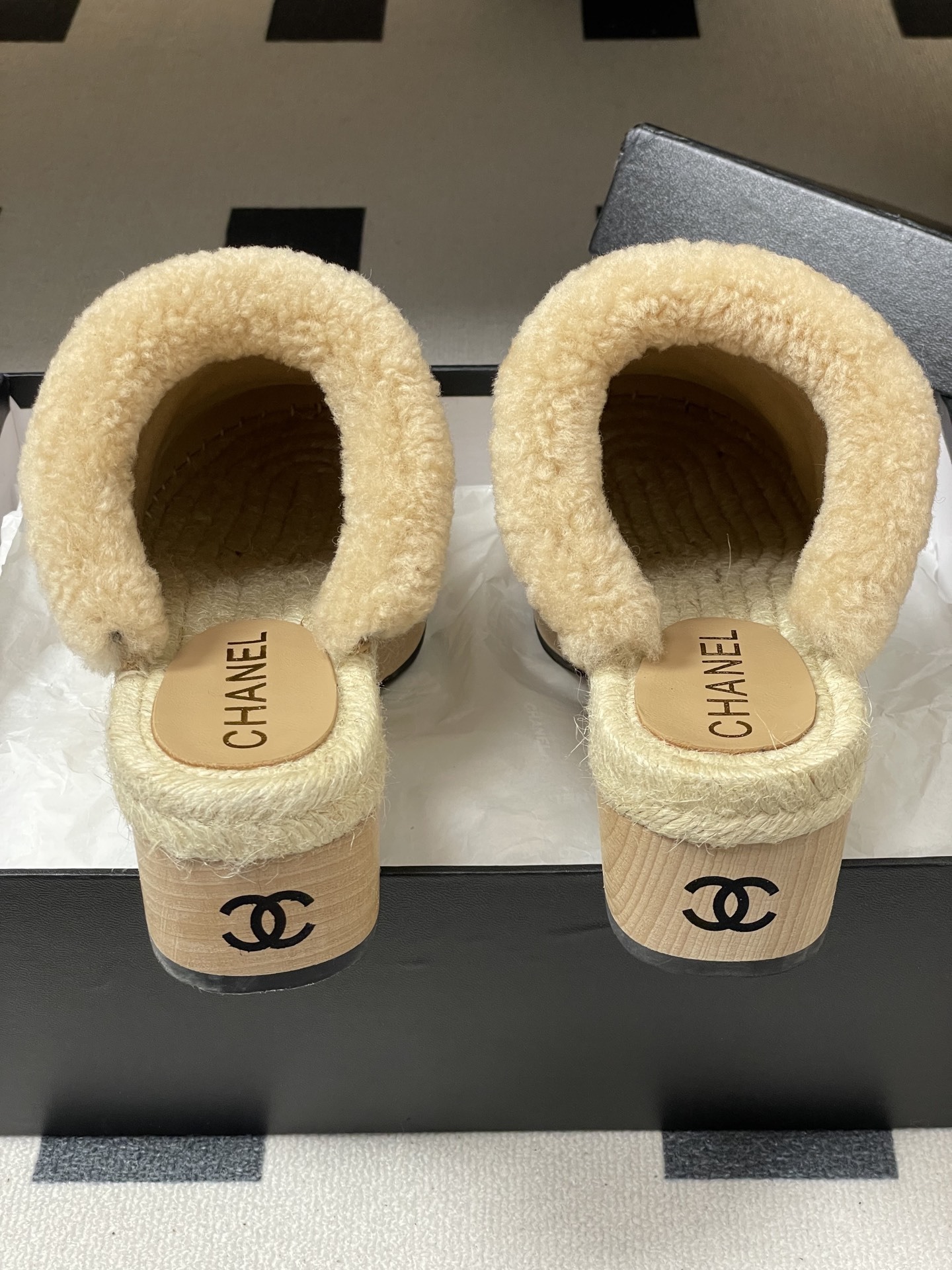 Chanel Monogram Shearling Platform Mules - Luxury Beige Clogs