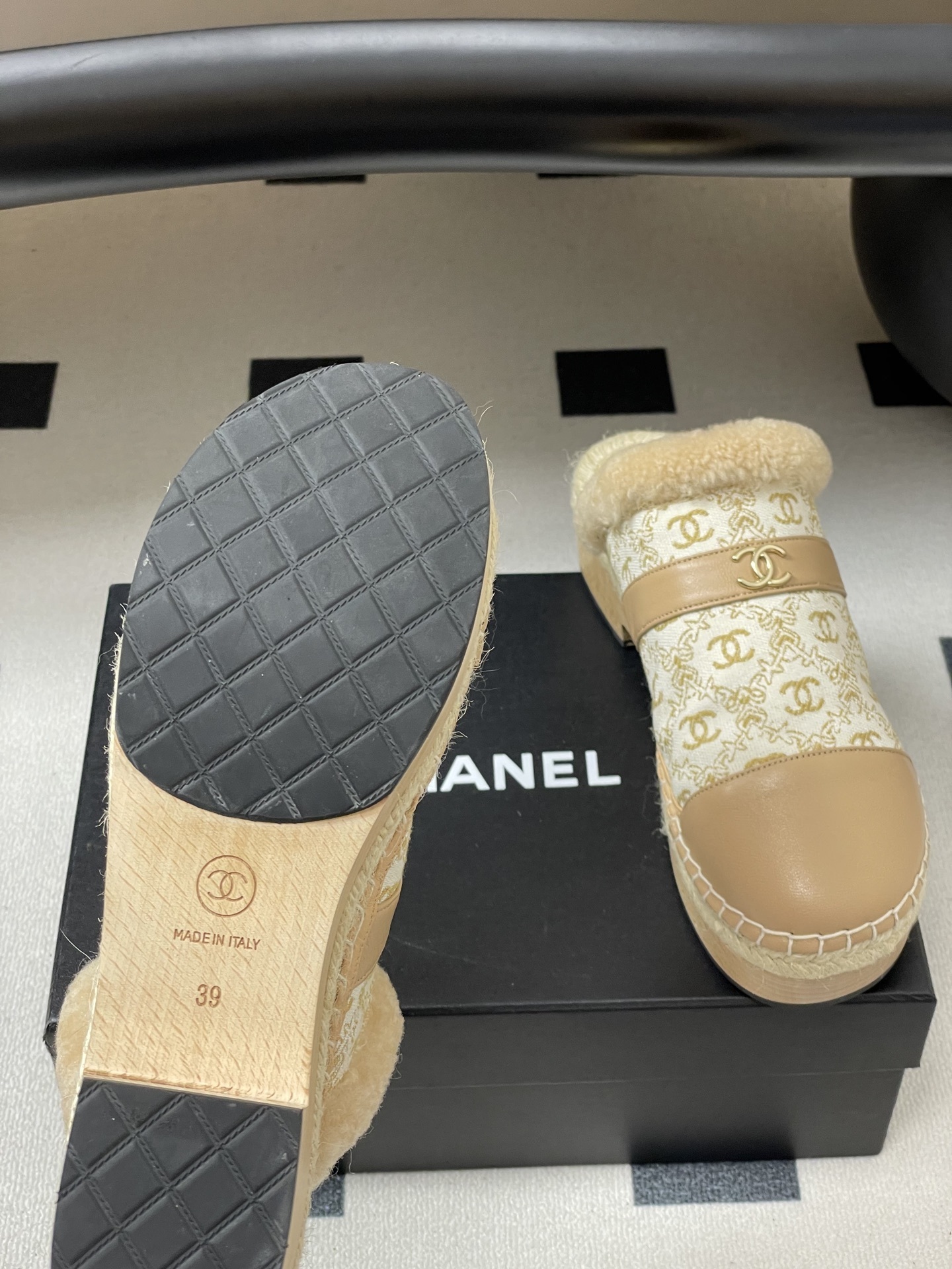 Chanel Monogram Shearling Platform Mules - Luxury Beige Clogs