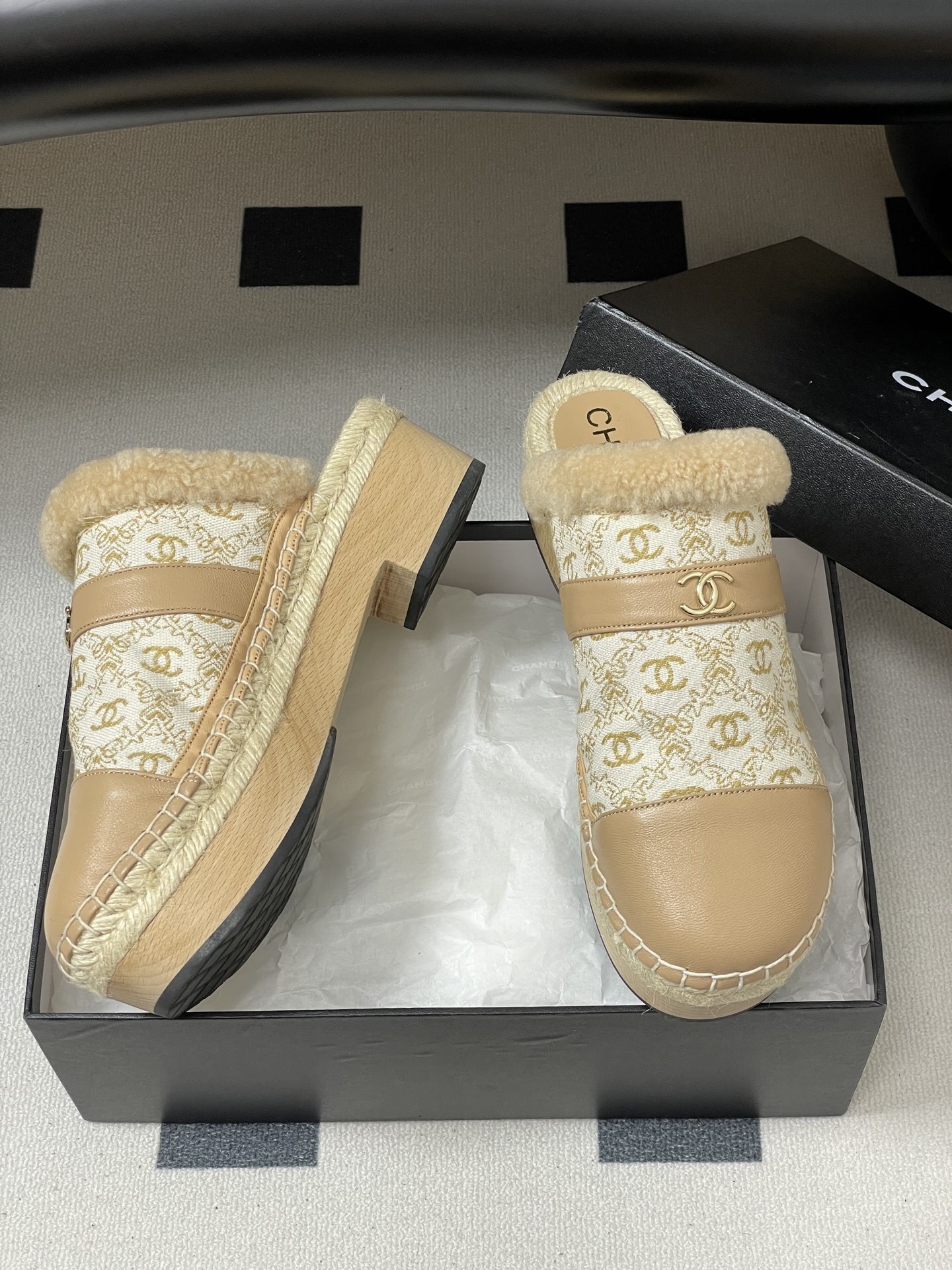 Chanel Monogram Shearling Platform Mules - Luxury Beige Clogs
