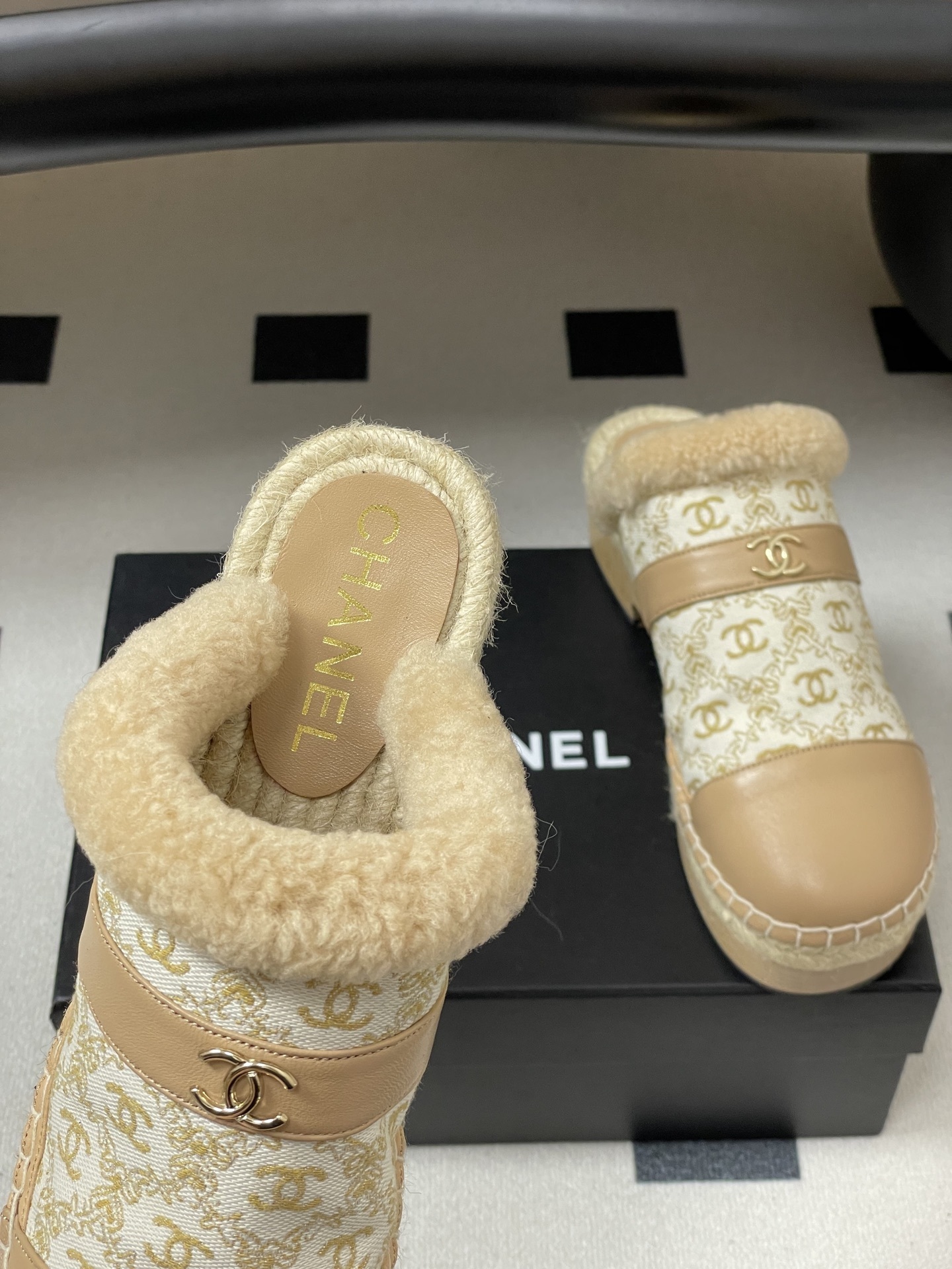 Chanel Monogram Shearling Platform Mules - Luxury Beige Clogs