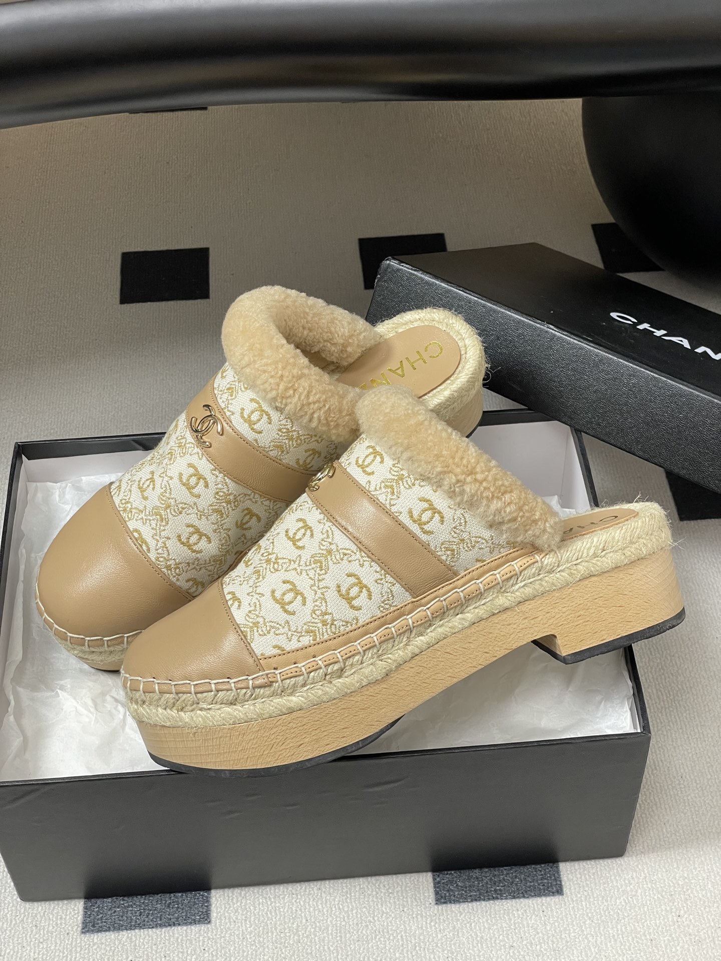 Chanel Monogram Shearling Platform Mules - Luxury Beige Clogs