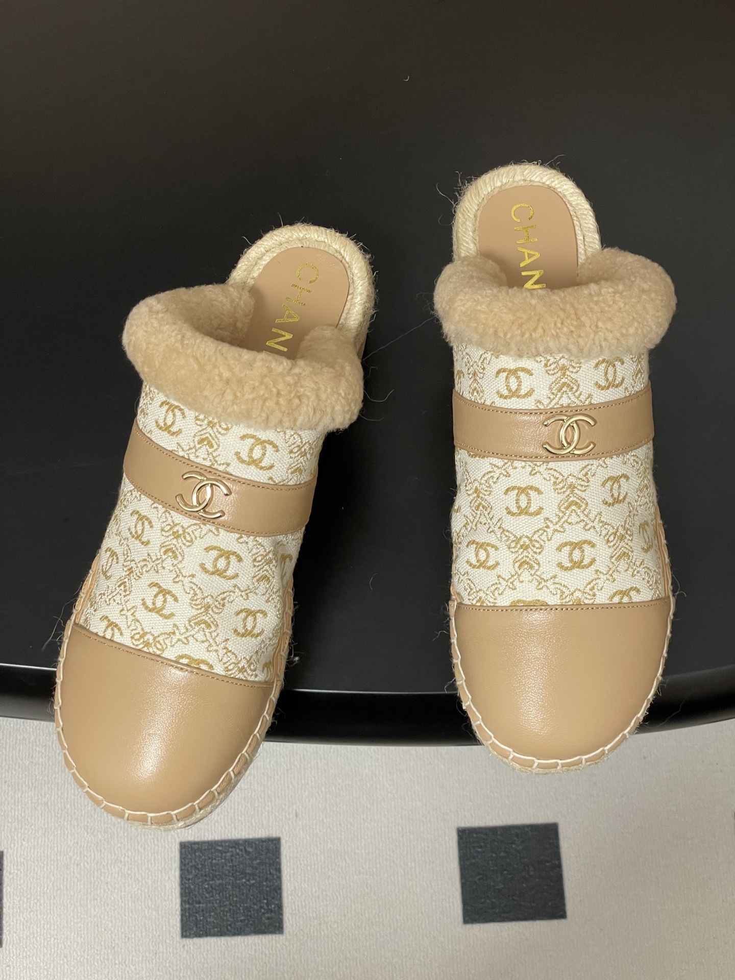 Chanel Monogram Shearling Platform Mules - Luxury Beige Clogs