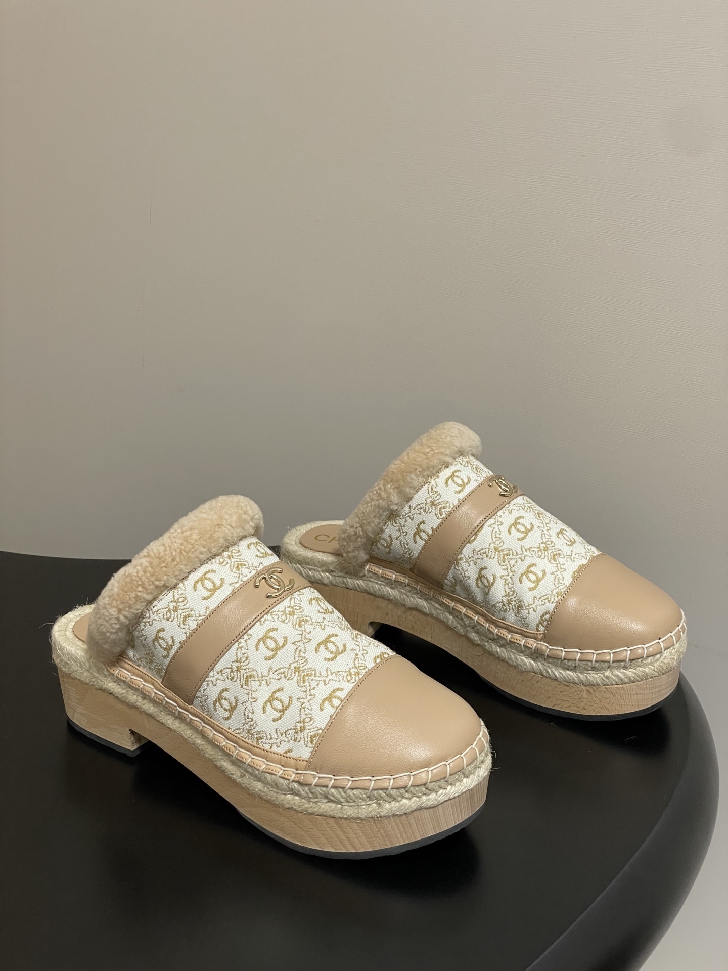 Chanel Monogram Shearling Platform Mules – Luxury Beige Clogs