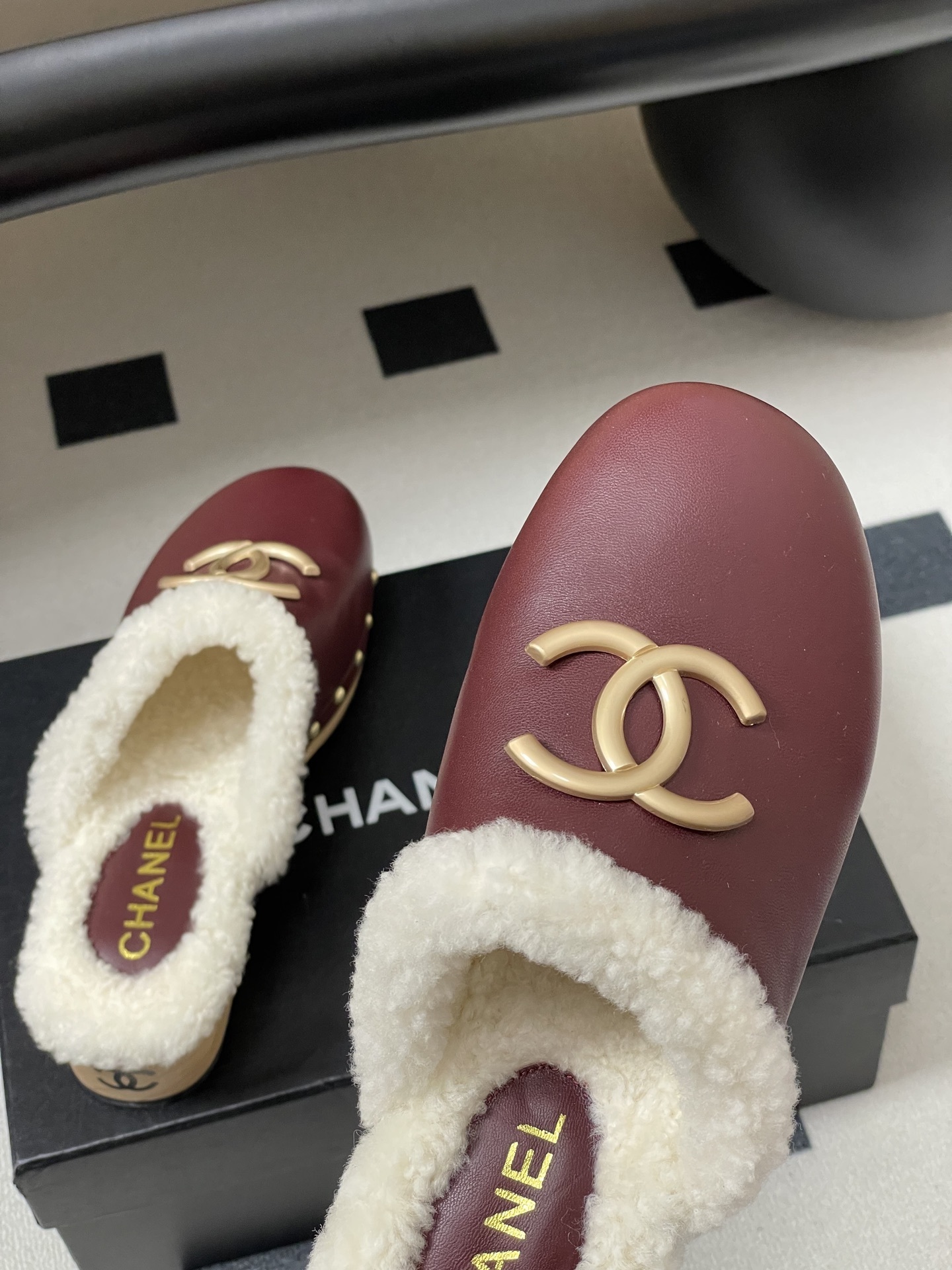 Chanel Burgundy Leather Shearling Lined Clogs with Gold CC Logo
