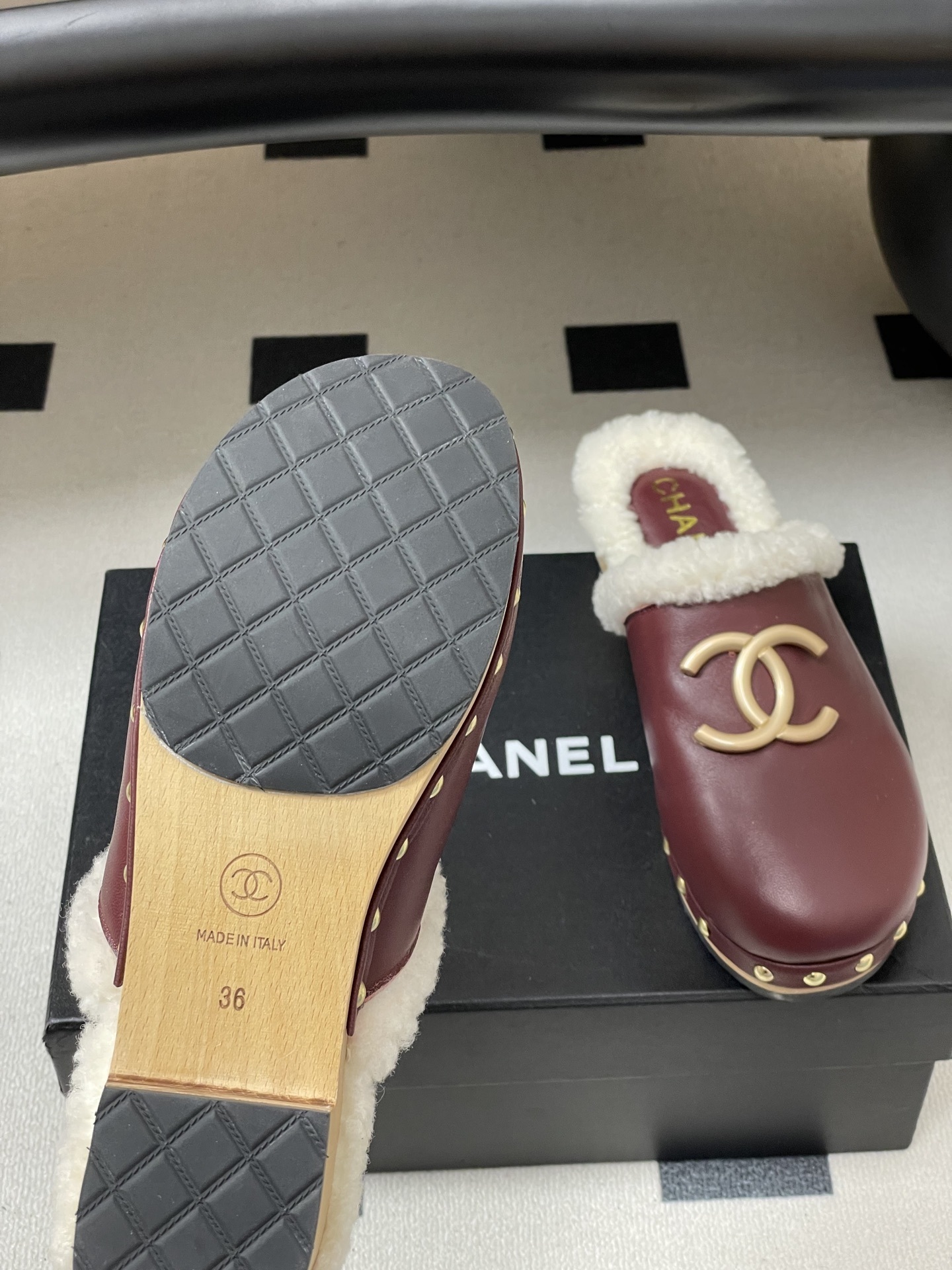 Chanel Burgundy Leather Shearling Lined Clogs with Gold CC Logo