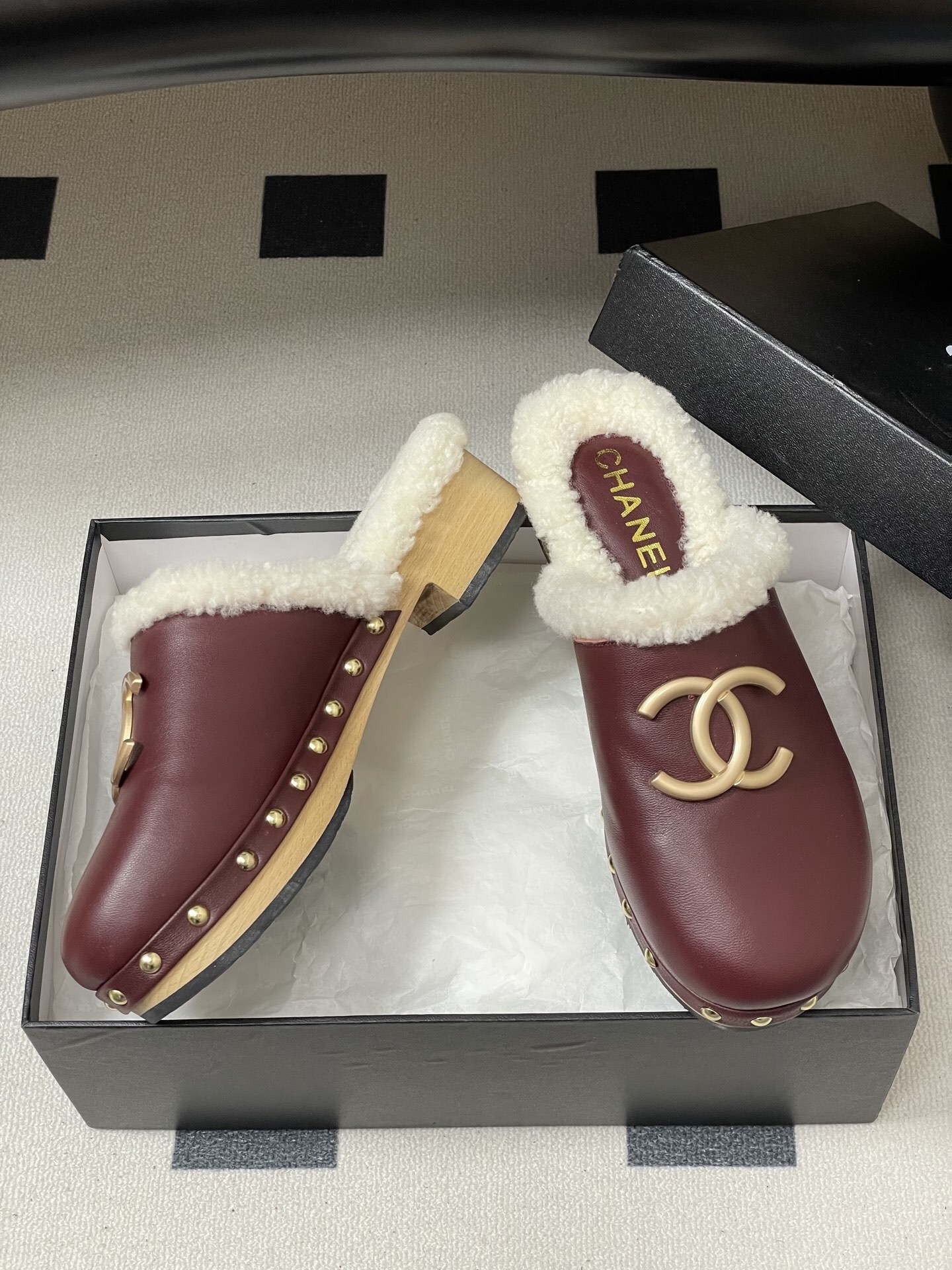 Chanel Burgundy Leather Shearling Lined Clogs with Gold CC Logo