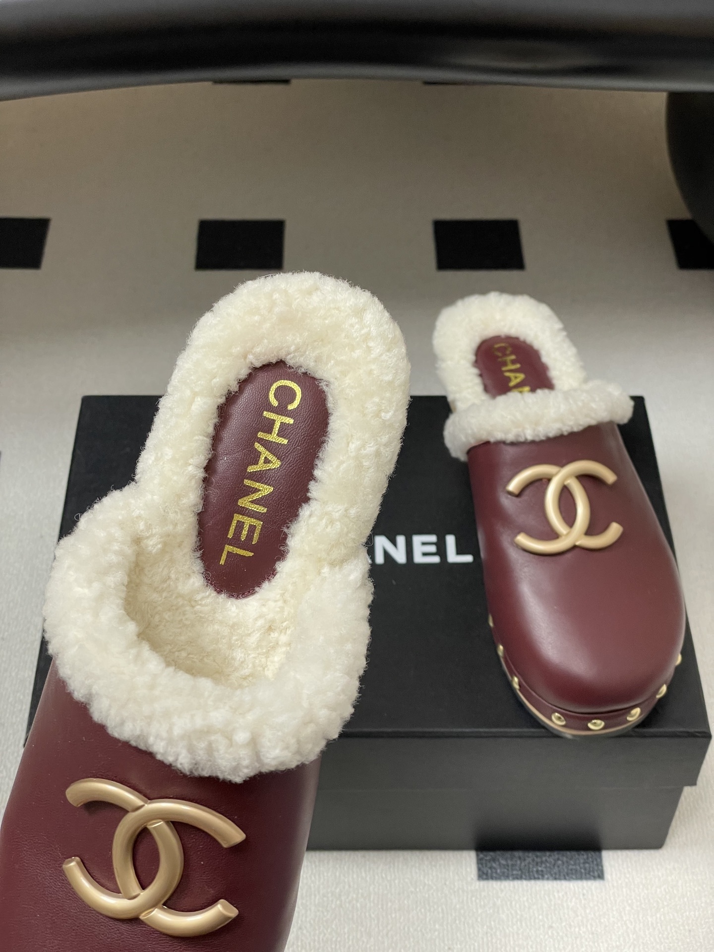 Chanel Burgundy Leather Shearling Lined Clogs with Gold CC Logo