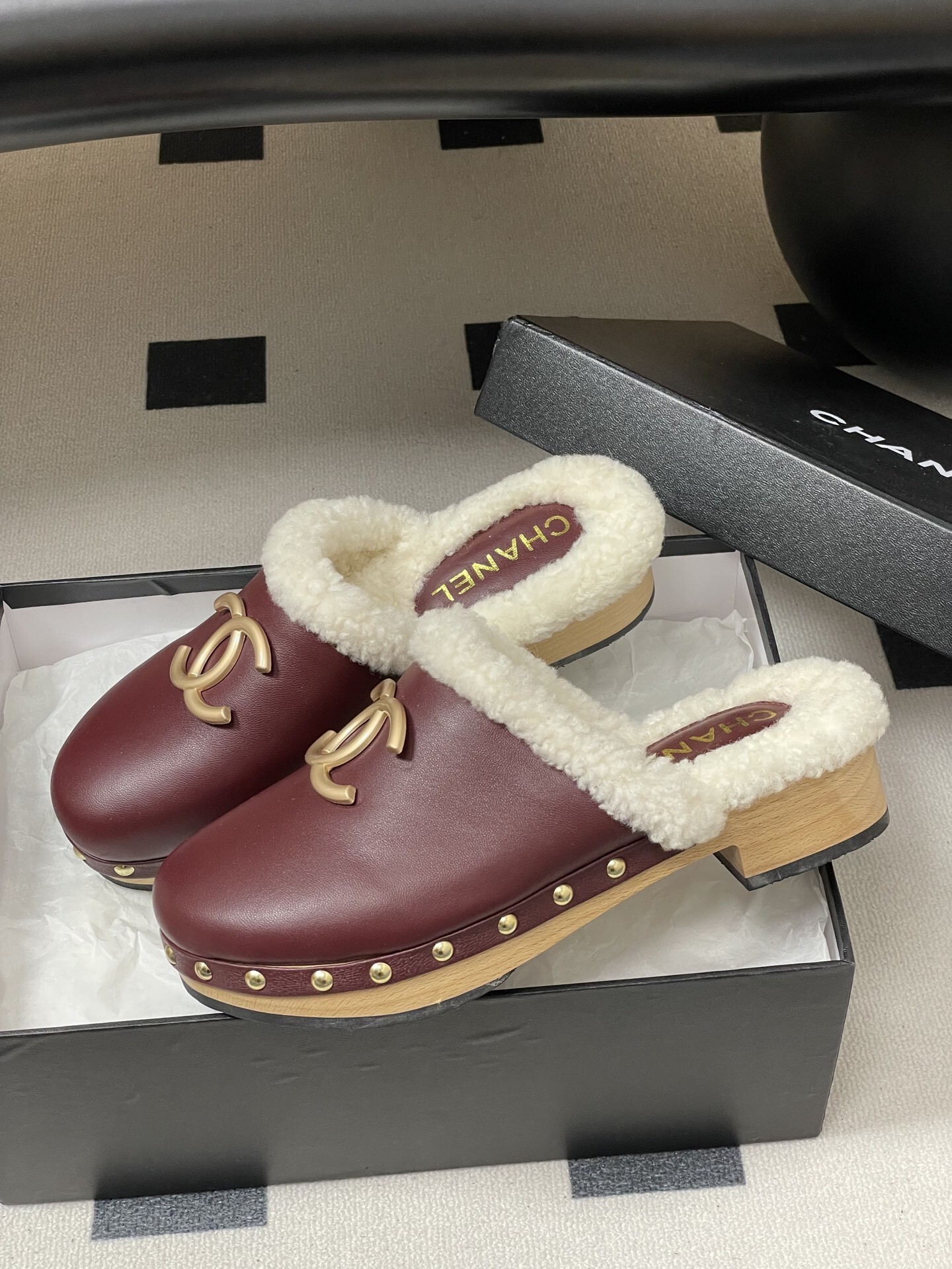 Chanel Burgundy Leather Shearling Lined Clogs with Gold CC Logo
