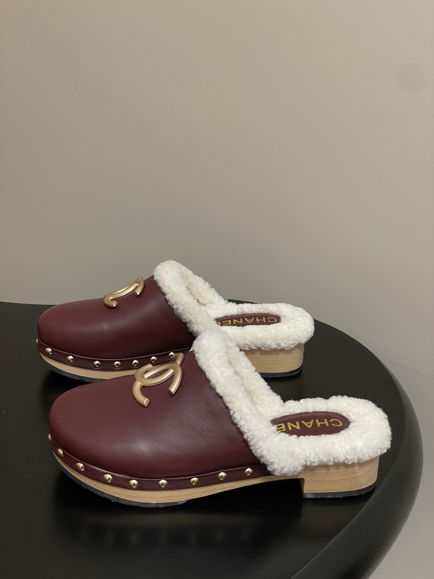 Chanel Burgundy Leather Shearling Lined Clogs with Gold CC Logo