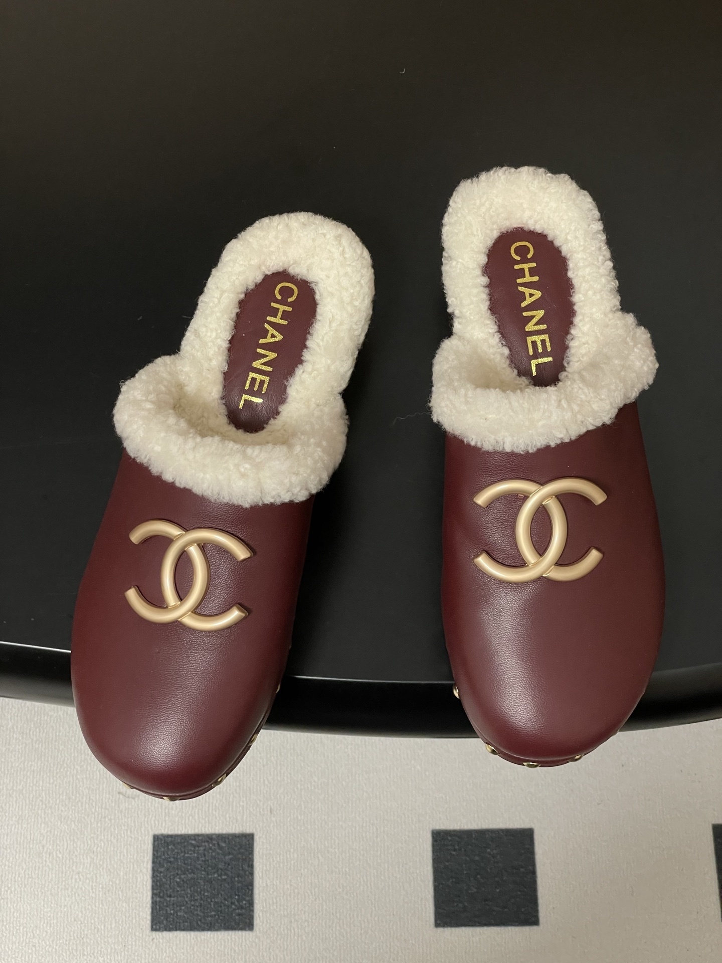Chanel Burgundy Leather Shearling Lined Clogs with Gold CC Logo