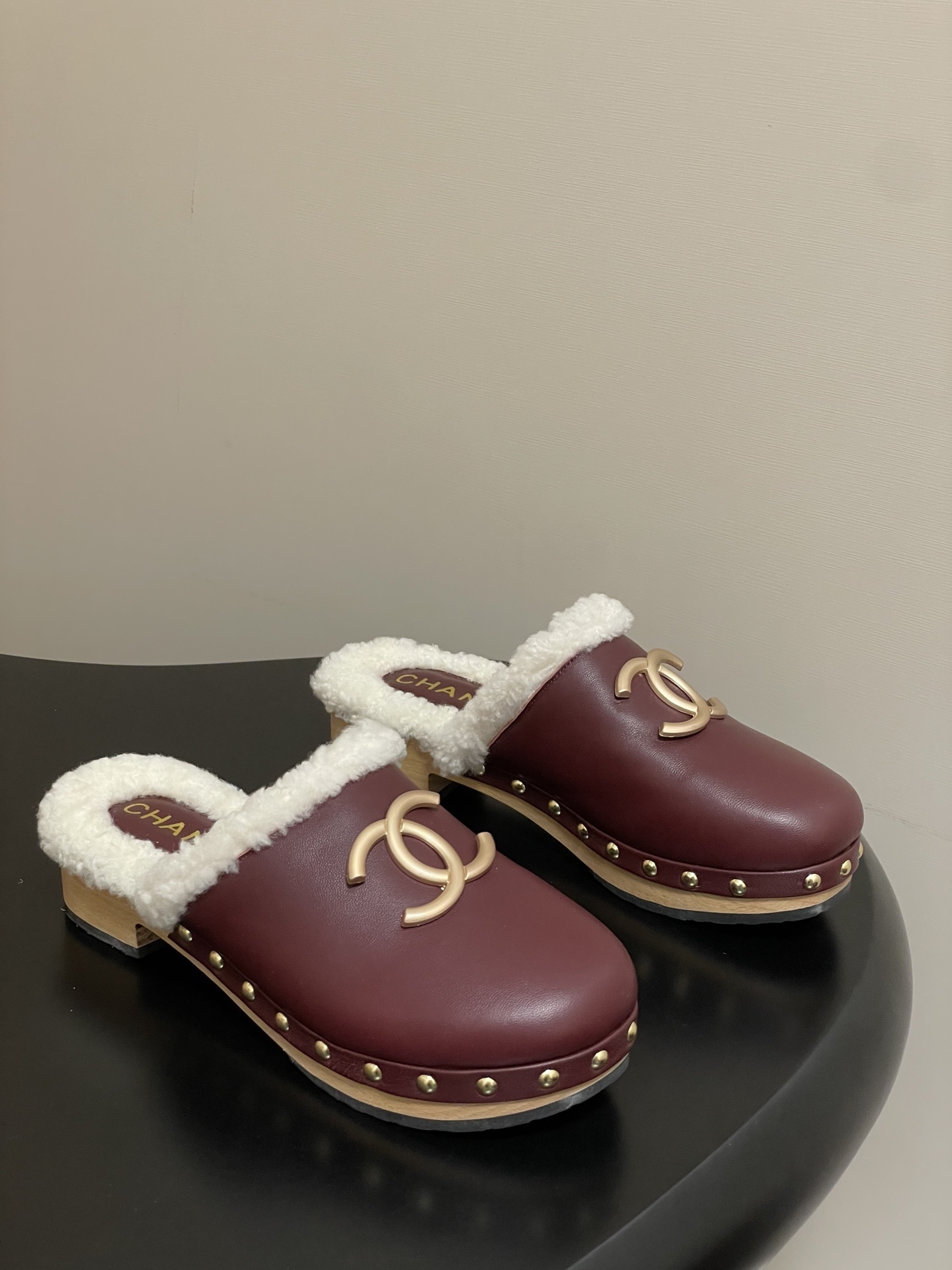 Chanel Burgundy Leather Shearling Lined Clogs with Gold CC Logo