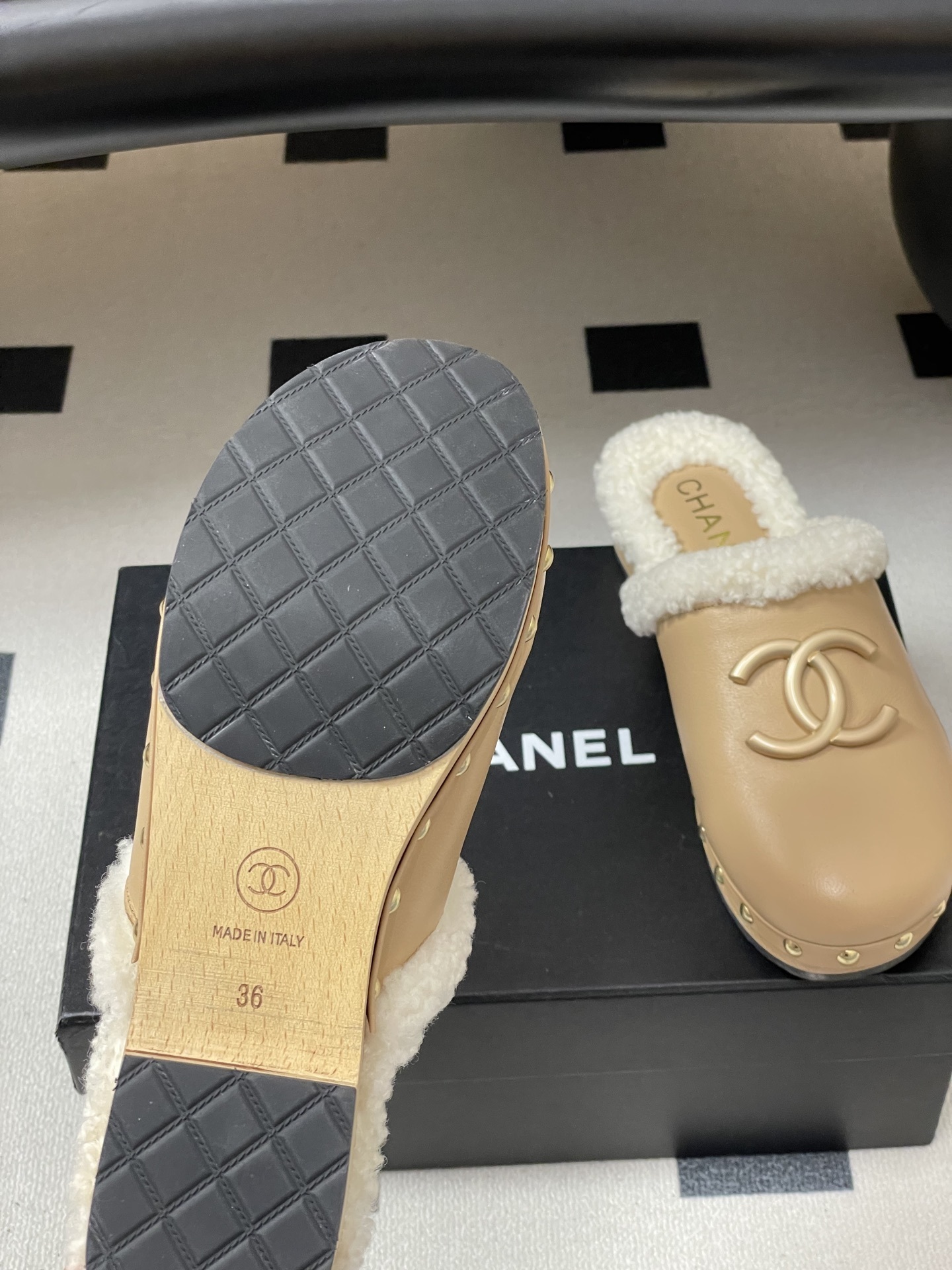 Chanel Beige Leather & Shearling Clogs with Gold CC Logo