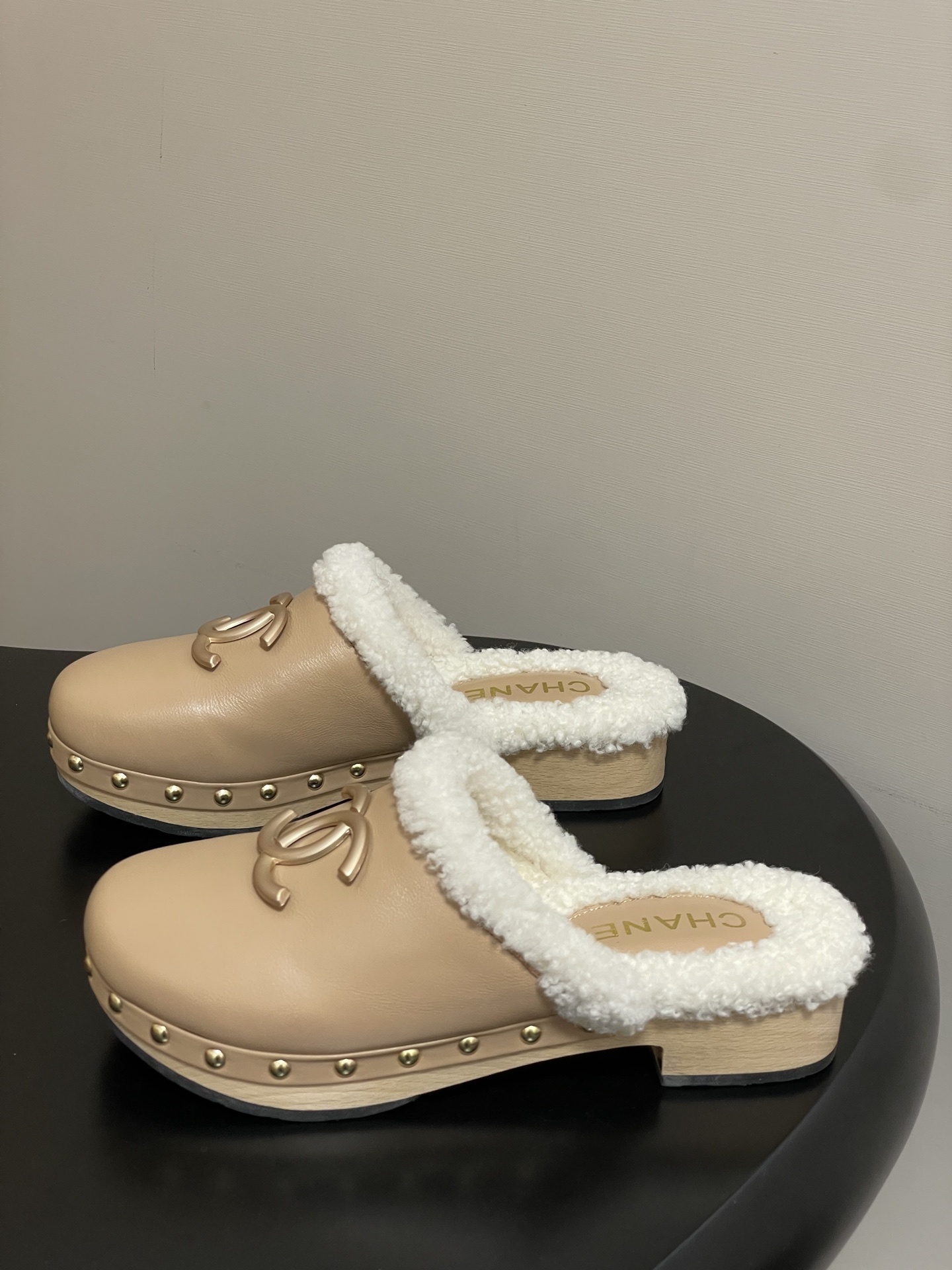 Chanel Beige Leather & Shearling Clogs with Gold CC Logo