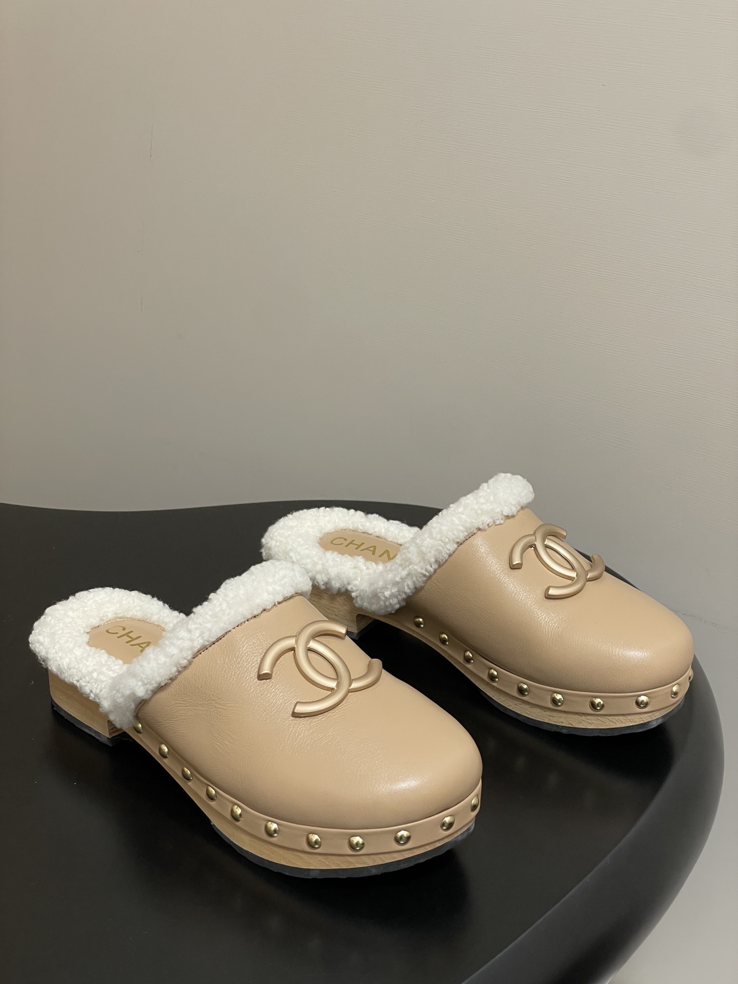 Chanel Beige Leather & Shearling Clogs with Gold CC Logo