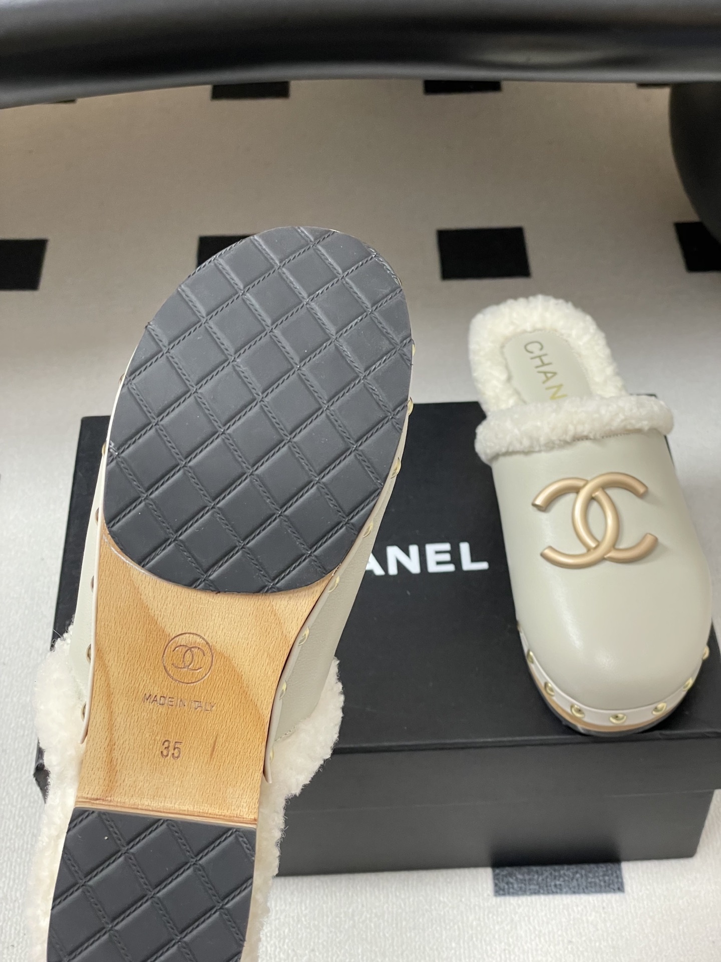 Chanel Shearling-Lined Leather Clogs - White & Gold Platform Mules