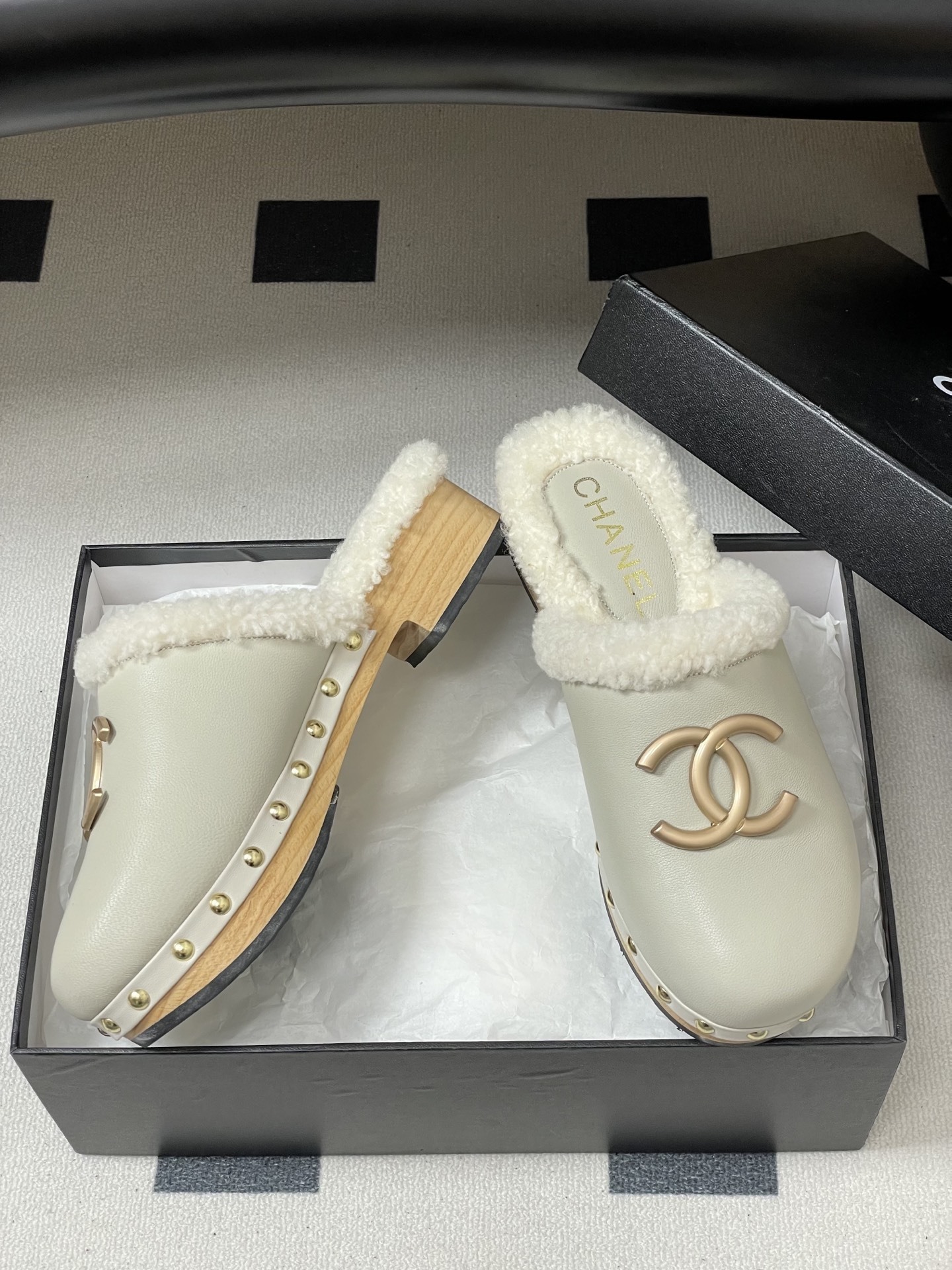 Chanel Shearling-Lined Leather Clogs - White & Gold Platform Mules