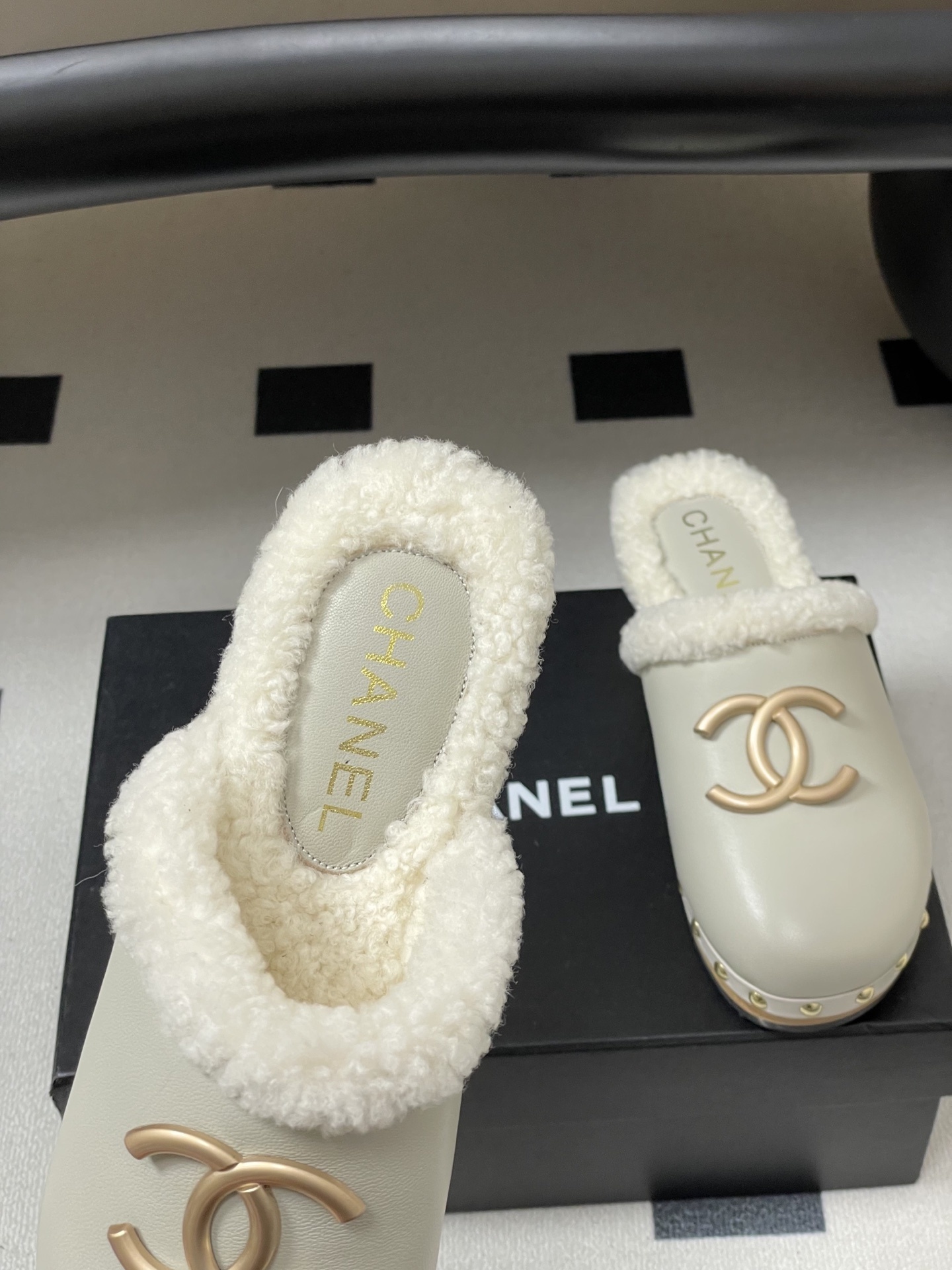 Chanel Shearling-Lined Leather Clogs - White & Gold Platform Mules