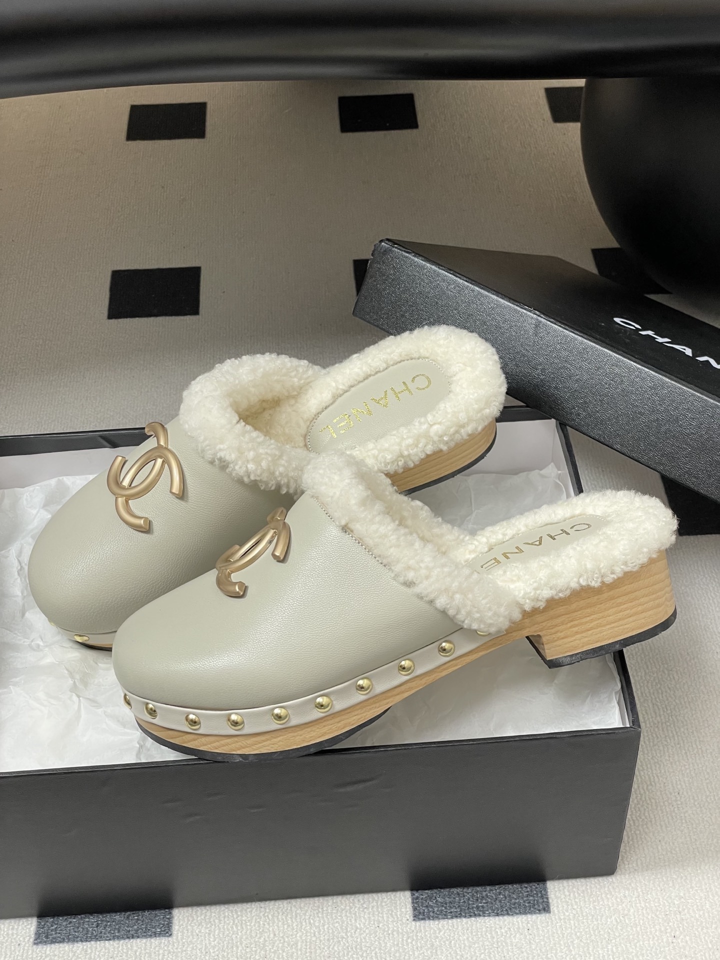 Chanel Shearling-Lined Leather Clogs - White & Gold Platform Mules