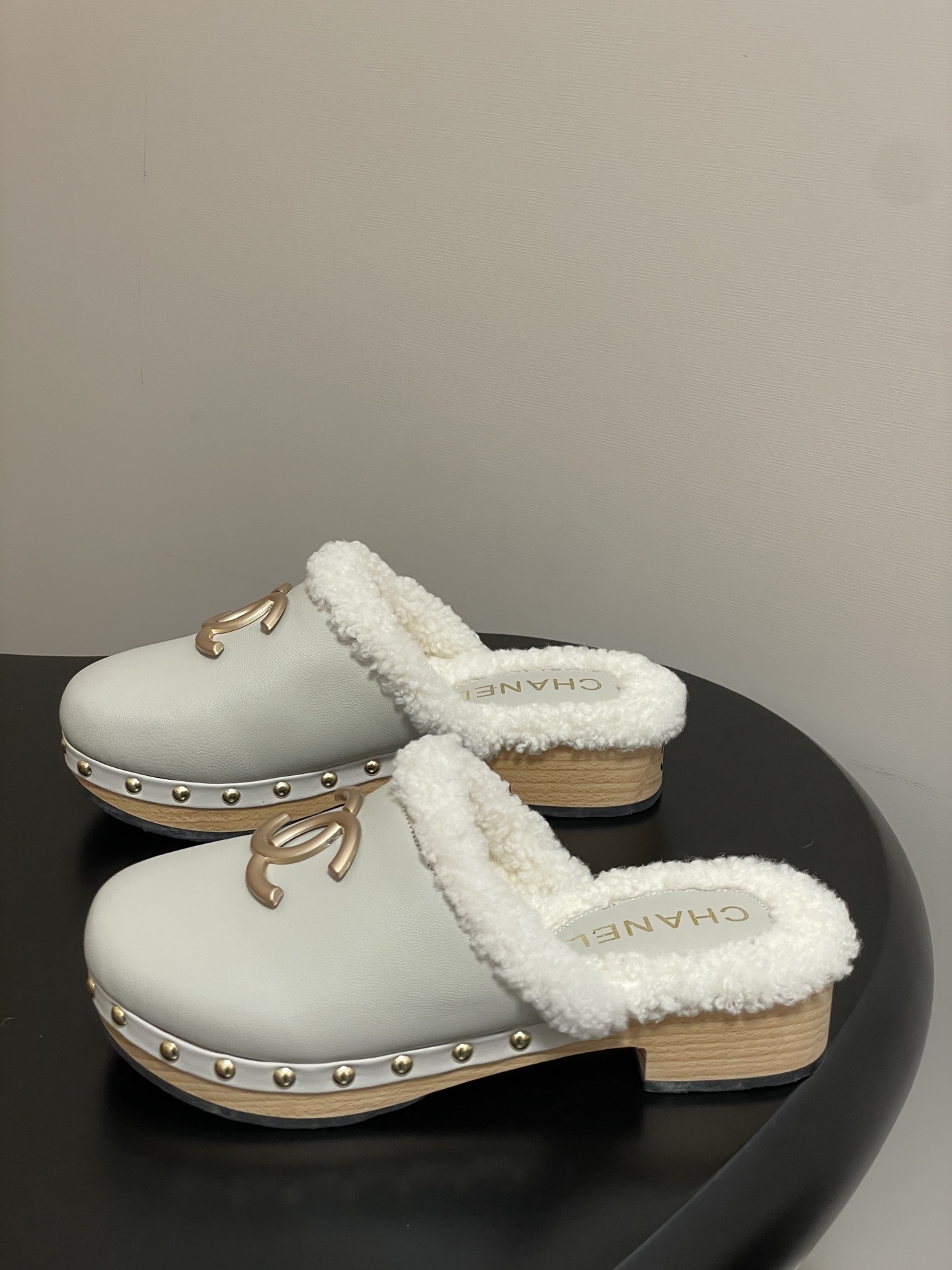 Chanel Shearling-Lined Leather Clogs - White & Gold Platform Mules