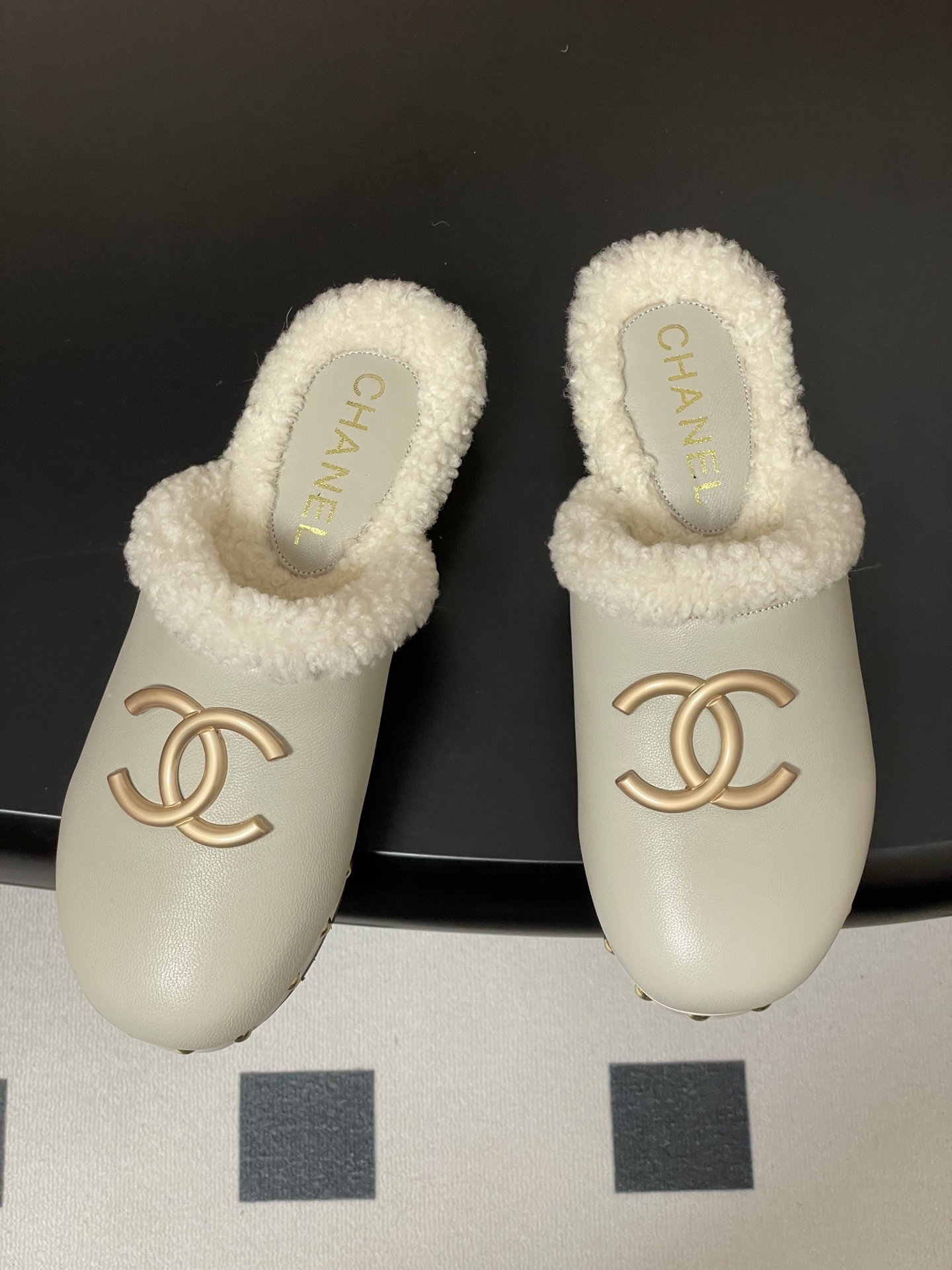 Chanel Shearling-Lined Leather Clogs - White & Gold Platform Mules
