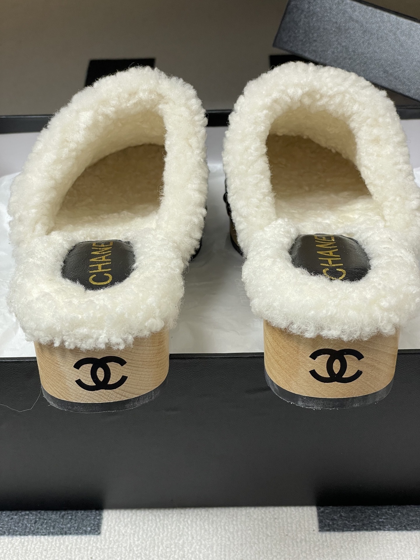 Chanel Black Leather Shearling Lined Clogs with Gold CC Logo