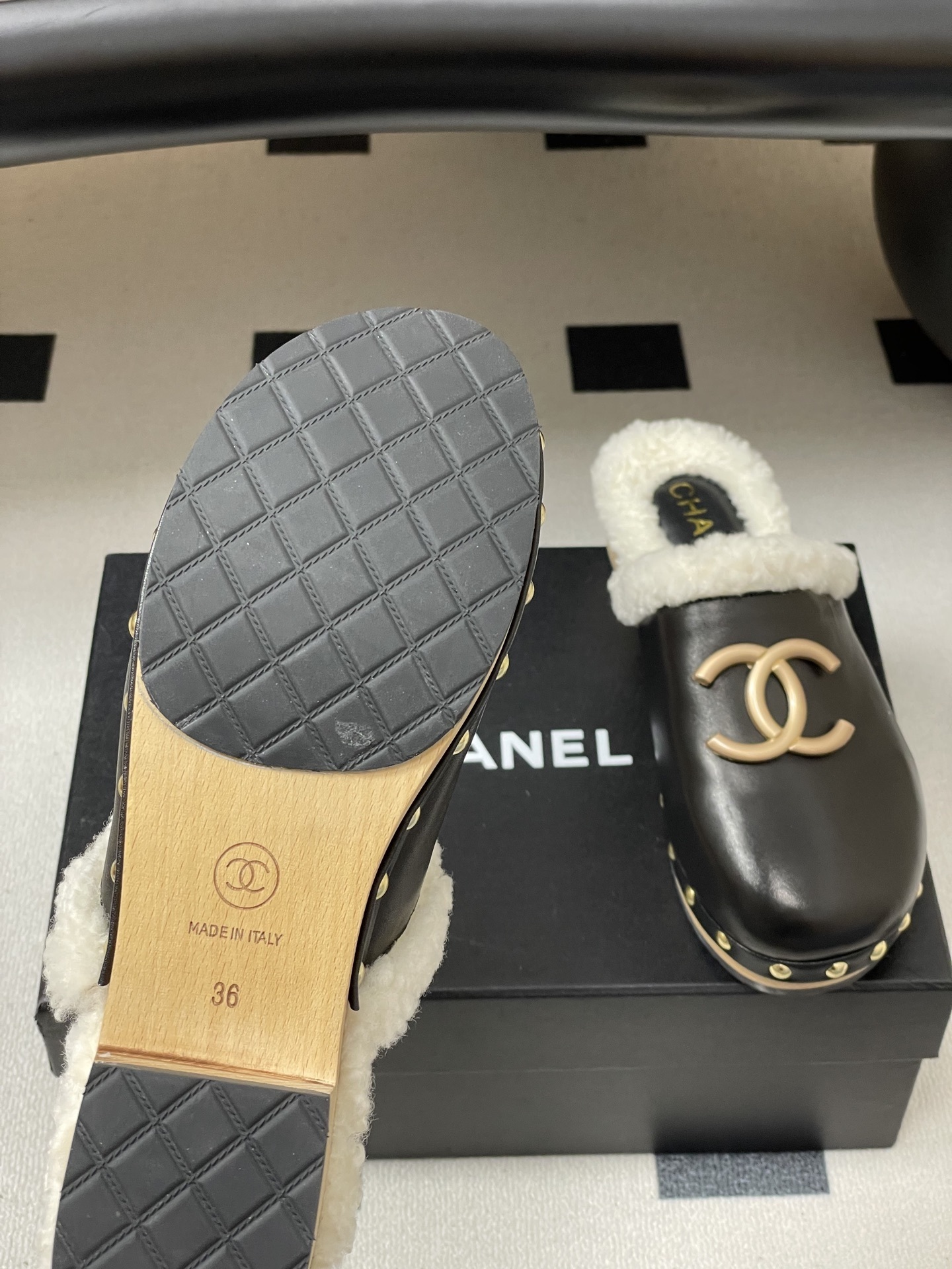 Chanel Black Leather Shearling Lined Clogs with Gold CC Logo