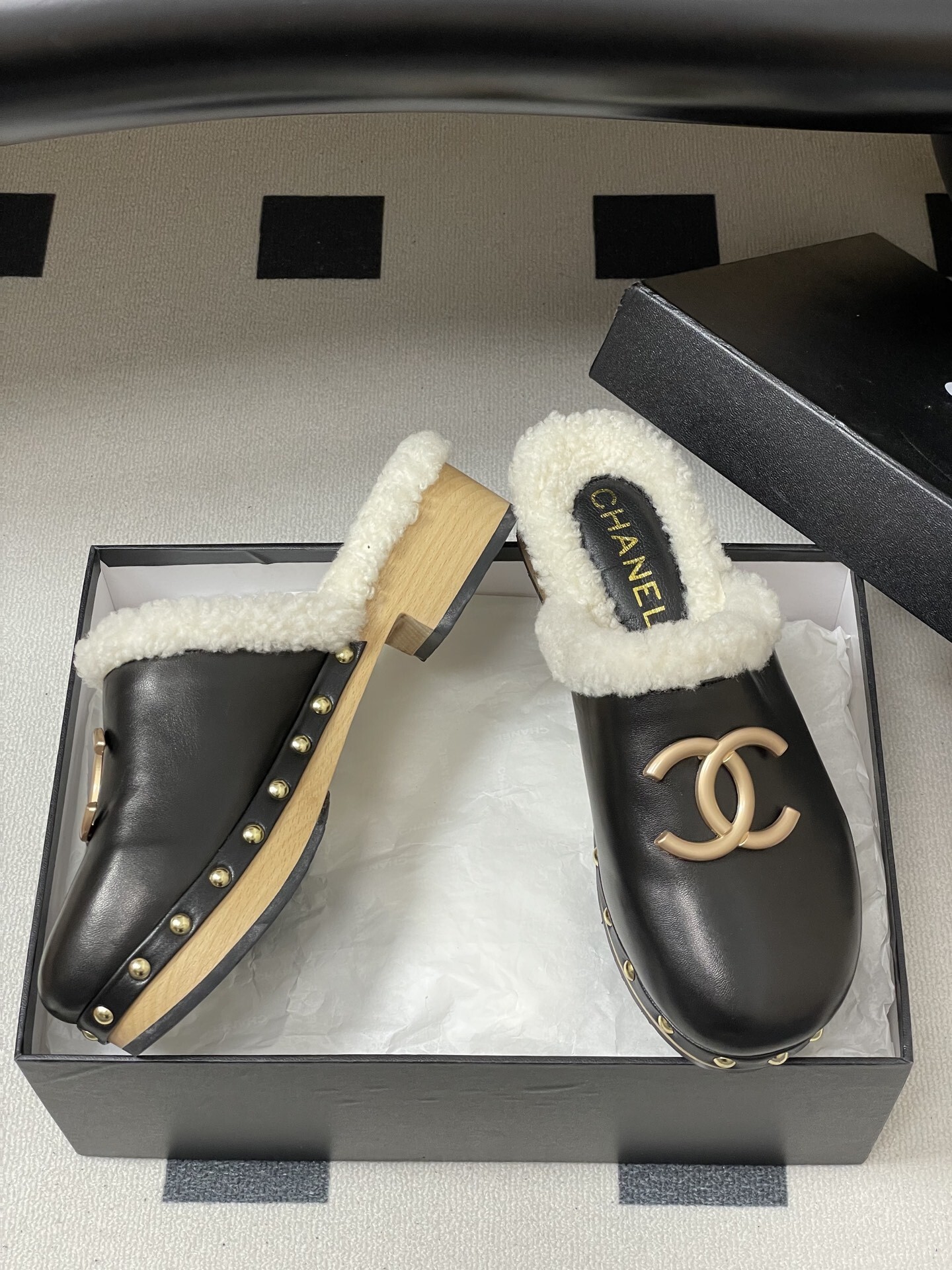 Chanel Black Leather Shearling Lined Clogs with Gold CC Logo
