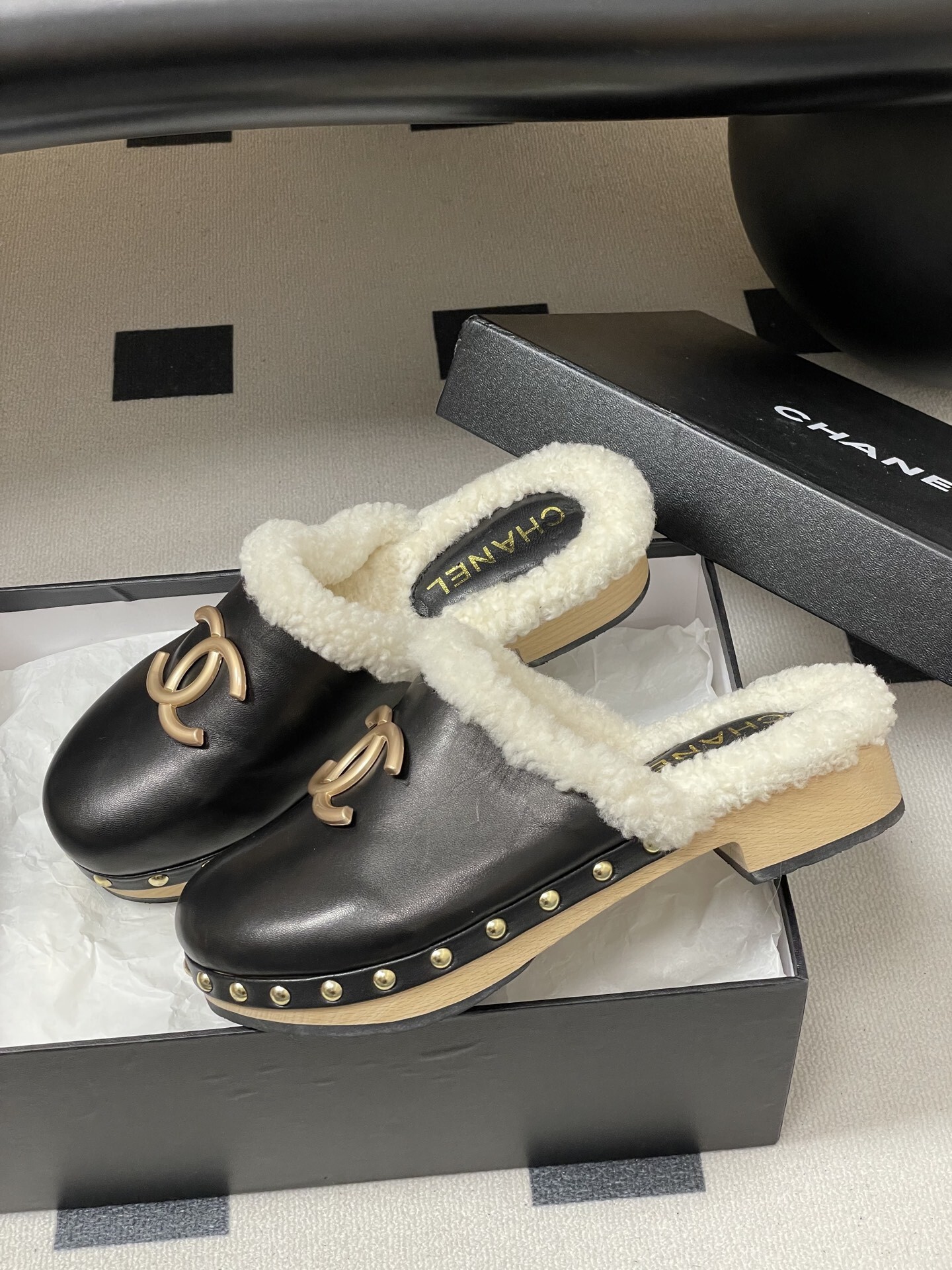 Chanel Black Leather Shearling Lined Clogs with Gold CC Logo