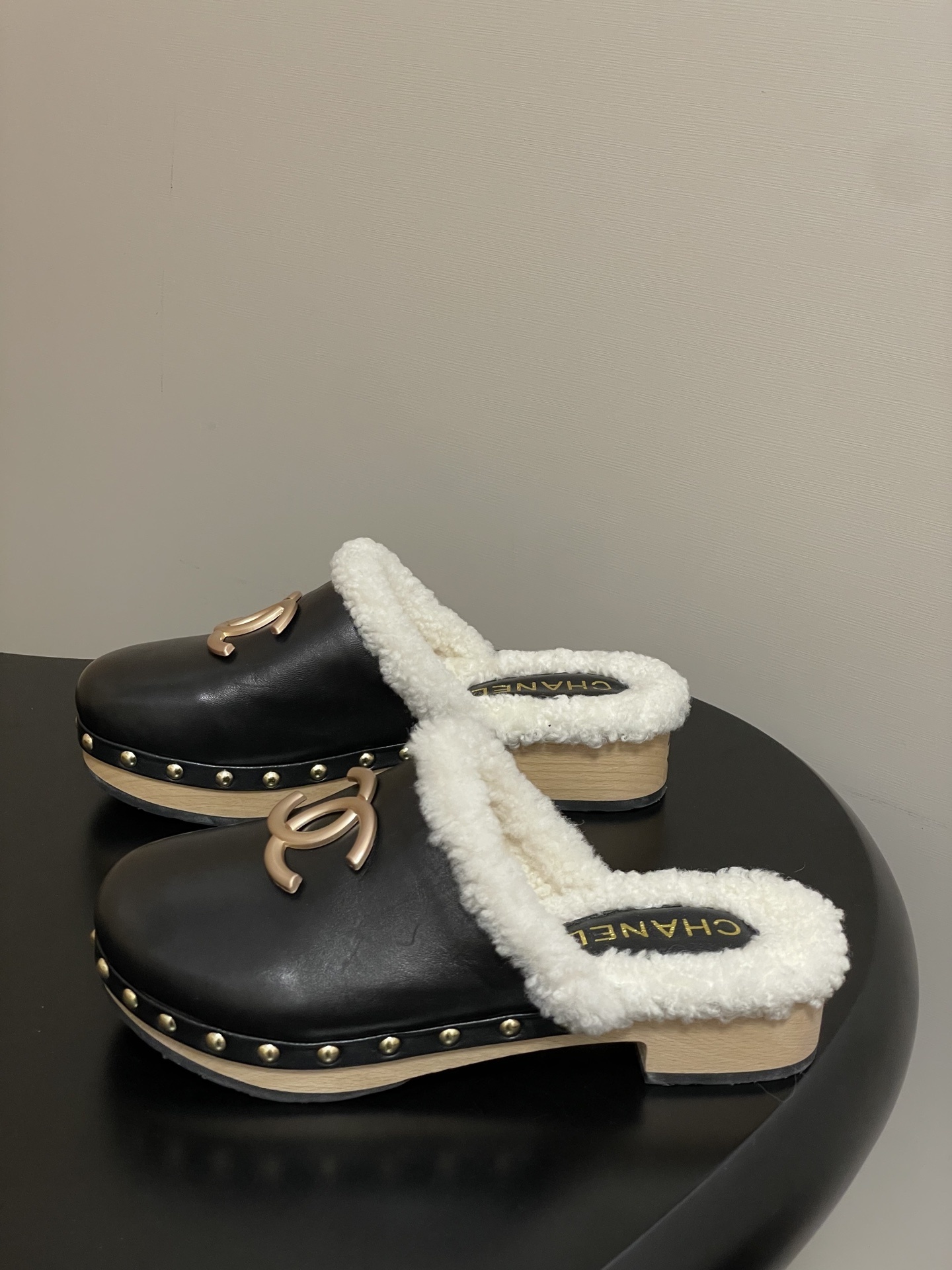 Chanel Black Leather Shearling Lined Clogs with Gold CC Logo