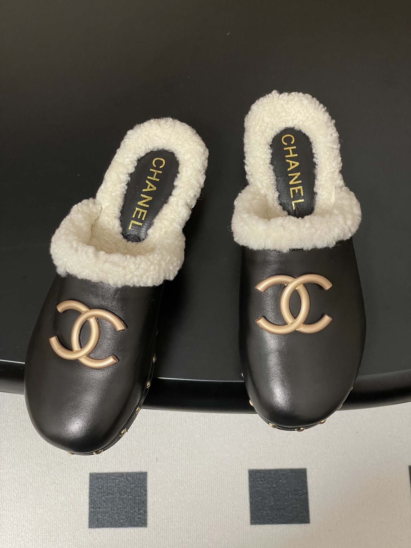 Chanel Black Leather Shearling Lined Clogs with Gold CC Logo