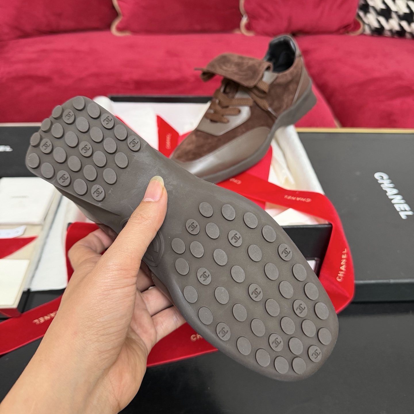 Chanel Luxury Brown Suede Sneakers - CC Logo Fold-Over Tongue