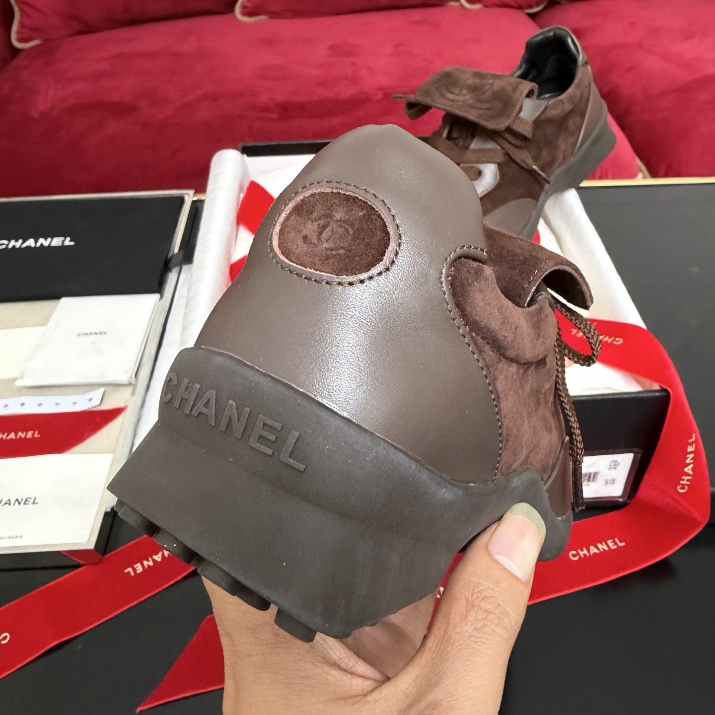 Chanel Luxury Brown Suede Sneakers - CC Logo Fold-Over Tongue