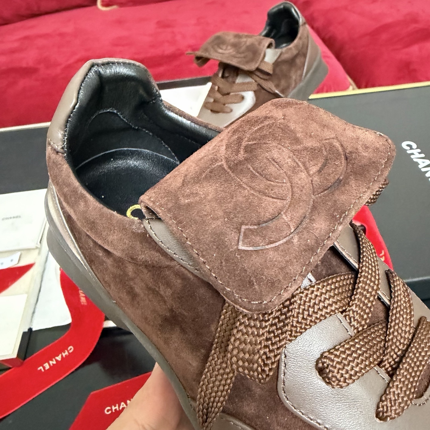 Chanel Luxury Brown Suede Sneakers - CC Logo Fold-Over Tongue
