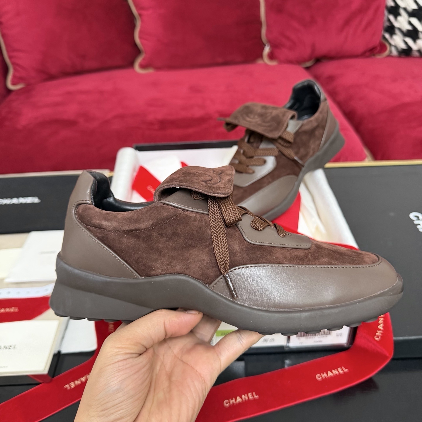 Chanel Luxury Brown Suede Sneakers - CC Logo Fold-Over Tongue