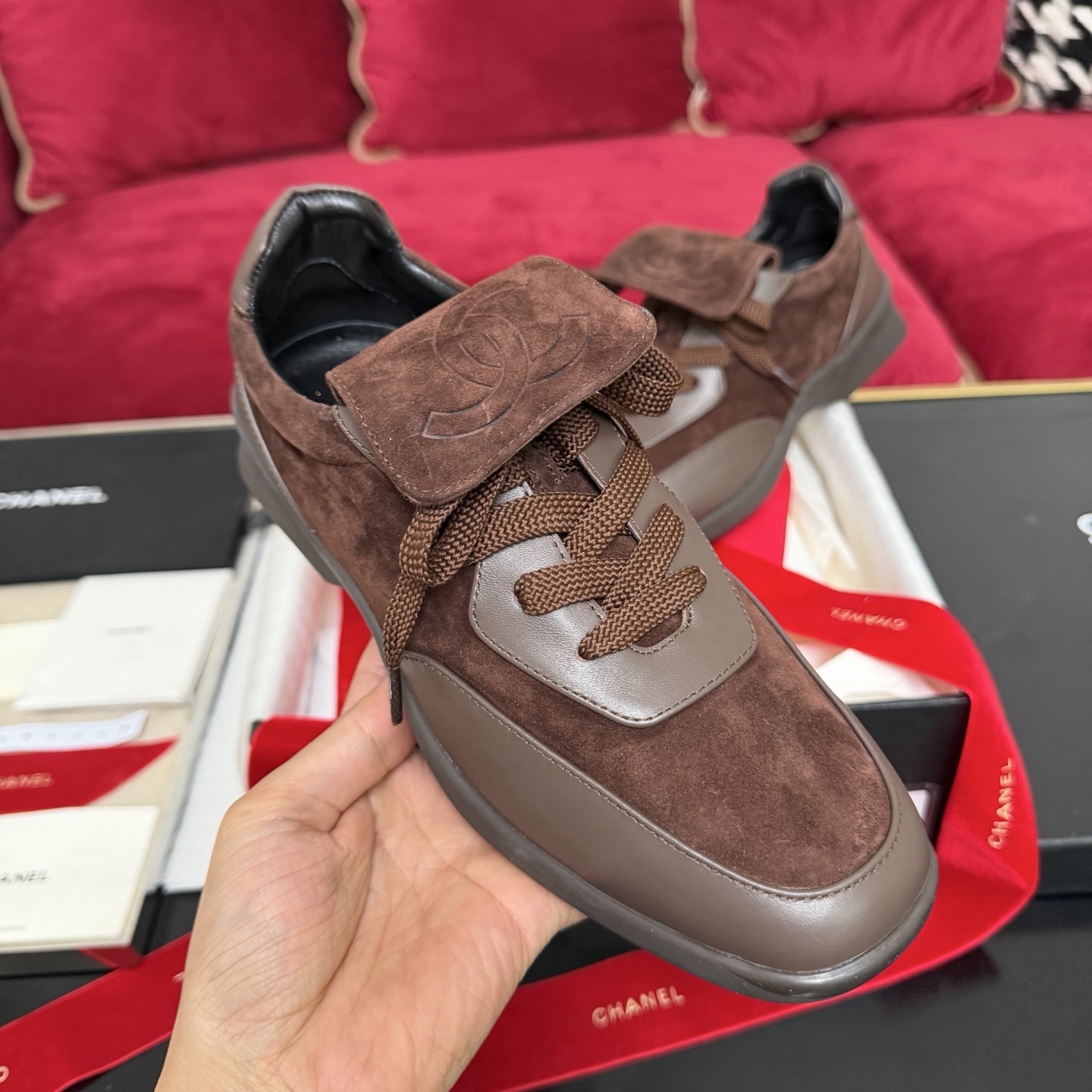 Chanel Luxury Brown Suede Sneakers - CC Logo Fold-Over Tongue