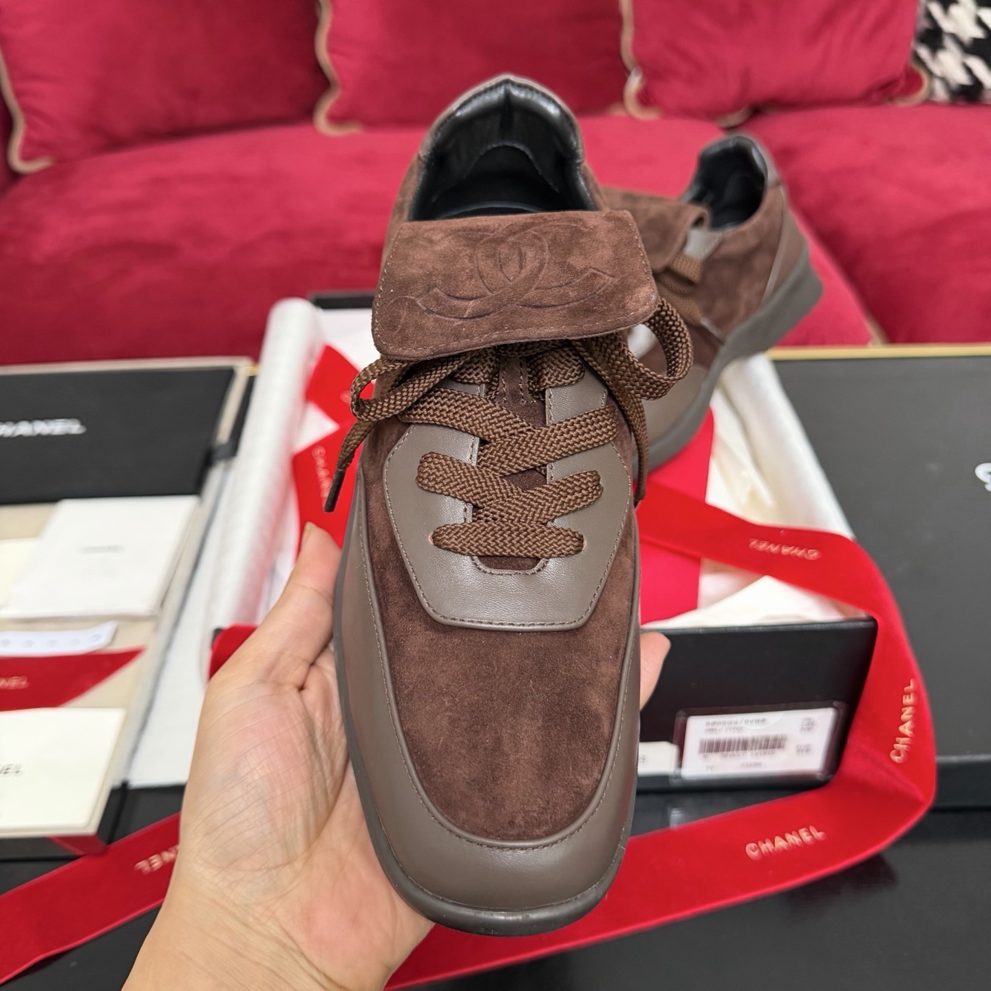 Chanel Luxury Brown Suede Sneakers - CC Logo Fold-Over Tongue