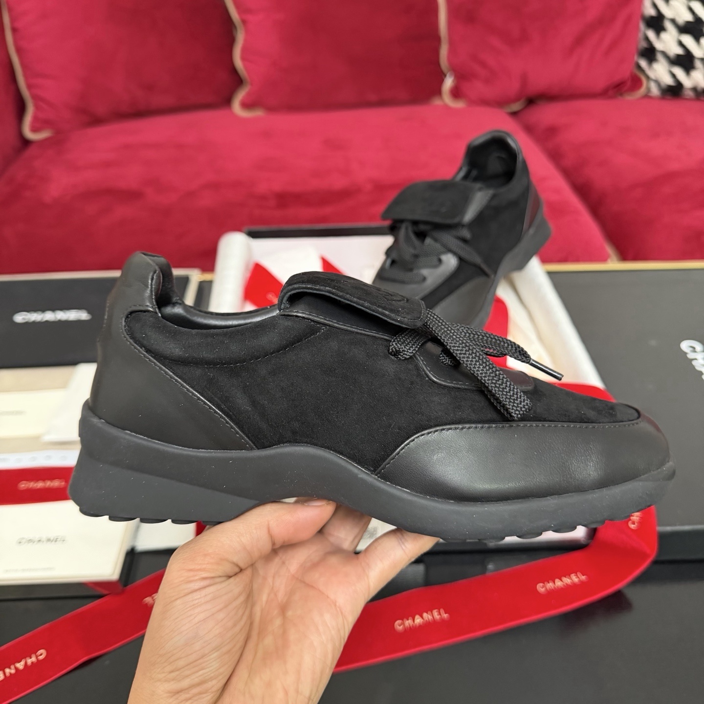 Chanel Black Suede & Calfskin Sneakers with Embossed CC Logo