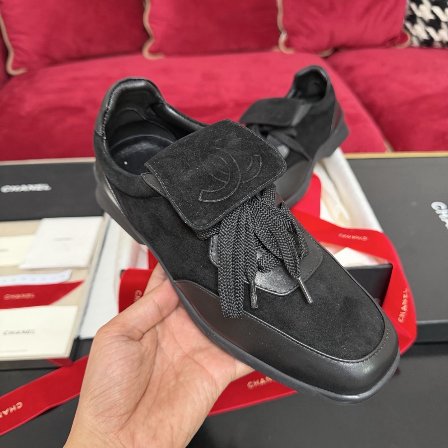 Chanel Black Suede & Calfskin Sneakers with Embossed CC Logo