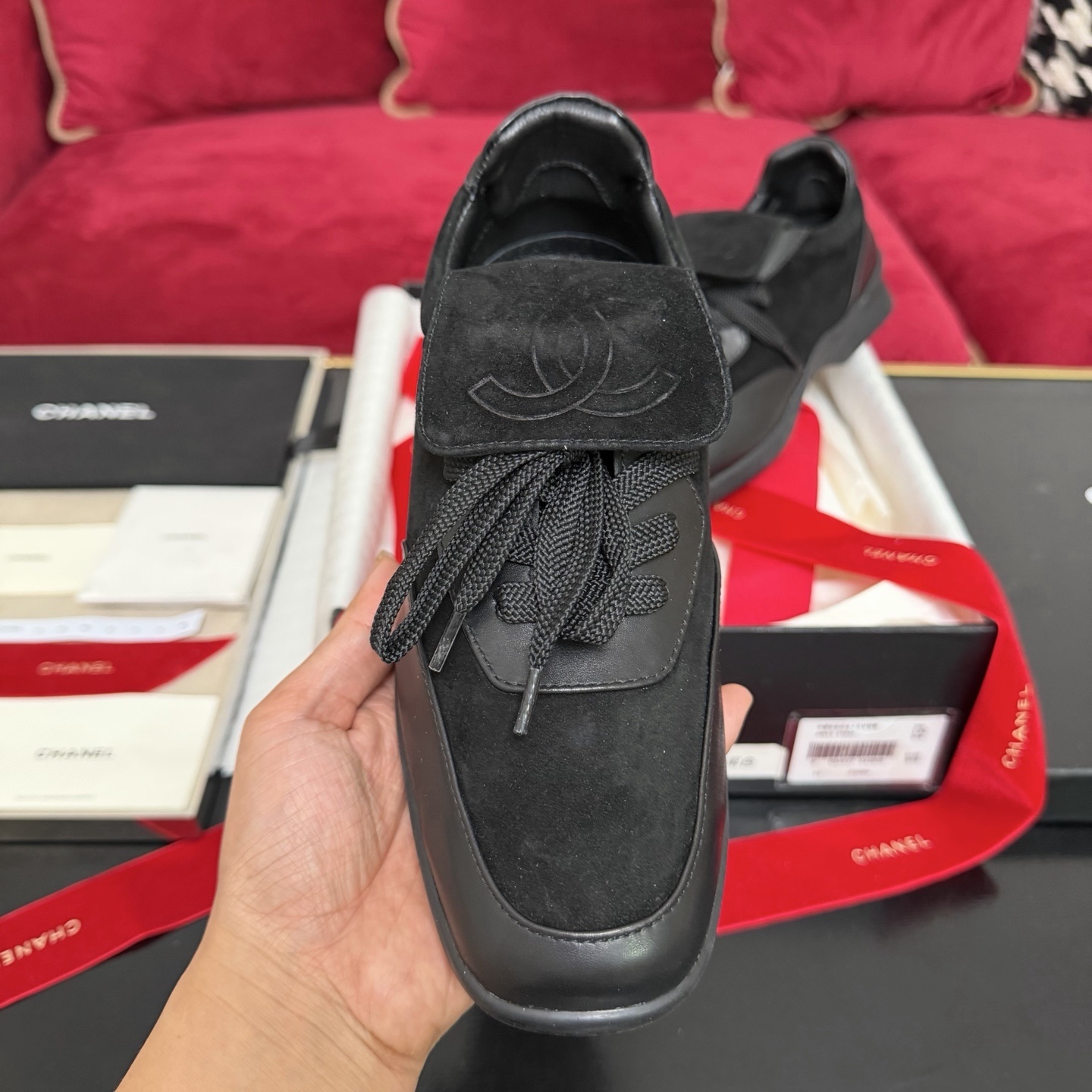 Chanel Black Suede & Calfskin Sneakers with Embossed CC Logo