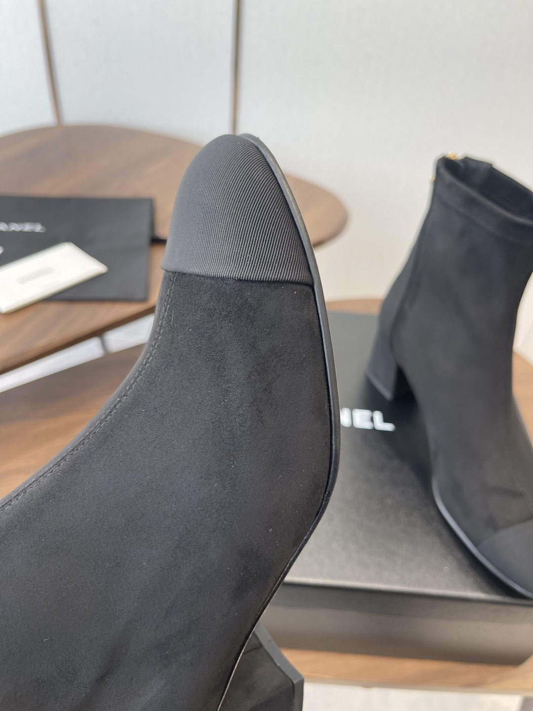 Elegant Black Suede Ankle Boots with Grosgrain Cap Toe