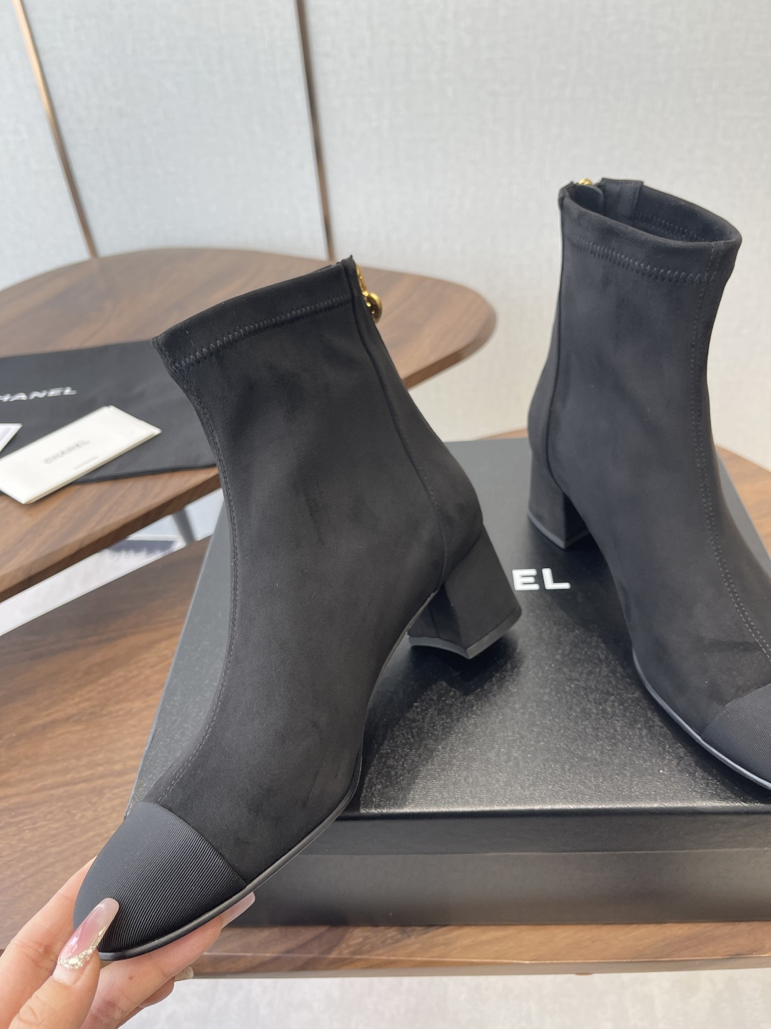 Elegant Black Suede Ankle Boots with Grosgrain Cap Toe