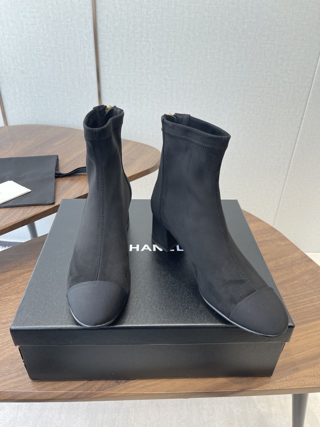 Elegant Black Suede Ankle Boots with Grosgrain Cap Toe