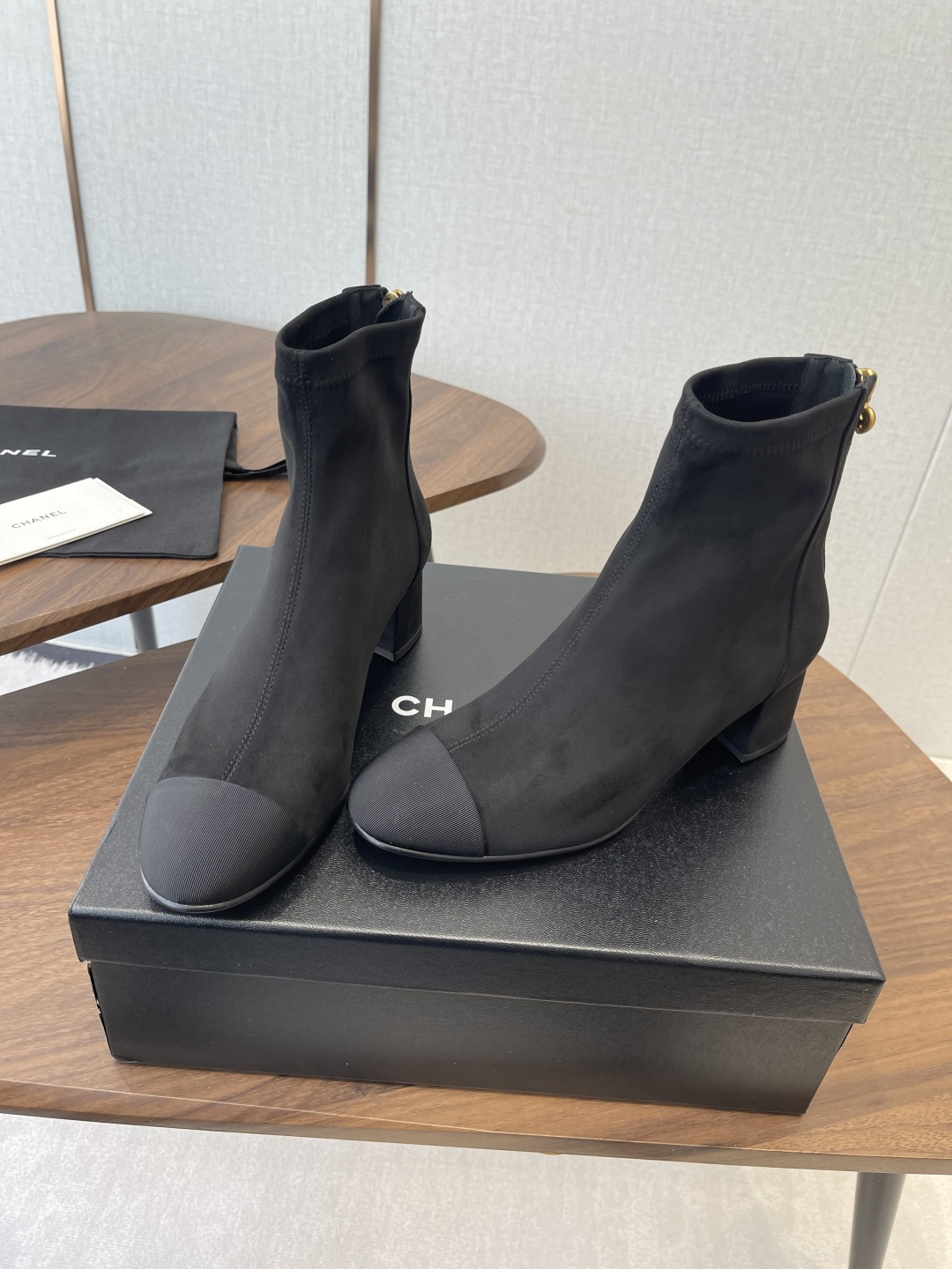 Elegant Black Suede Ankle Boots with Grosgrain Cap Toe