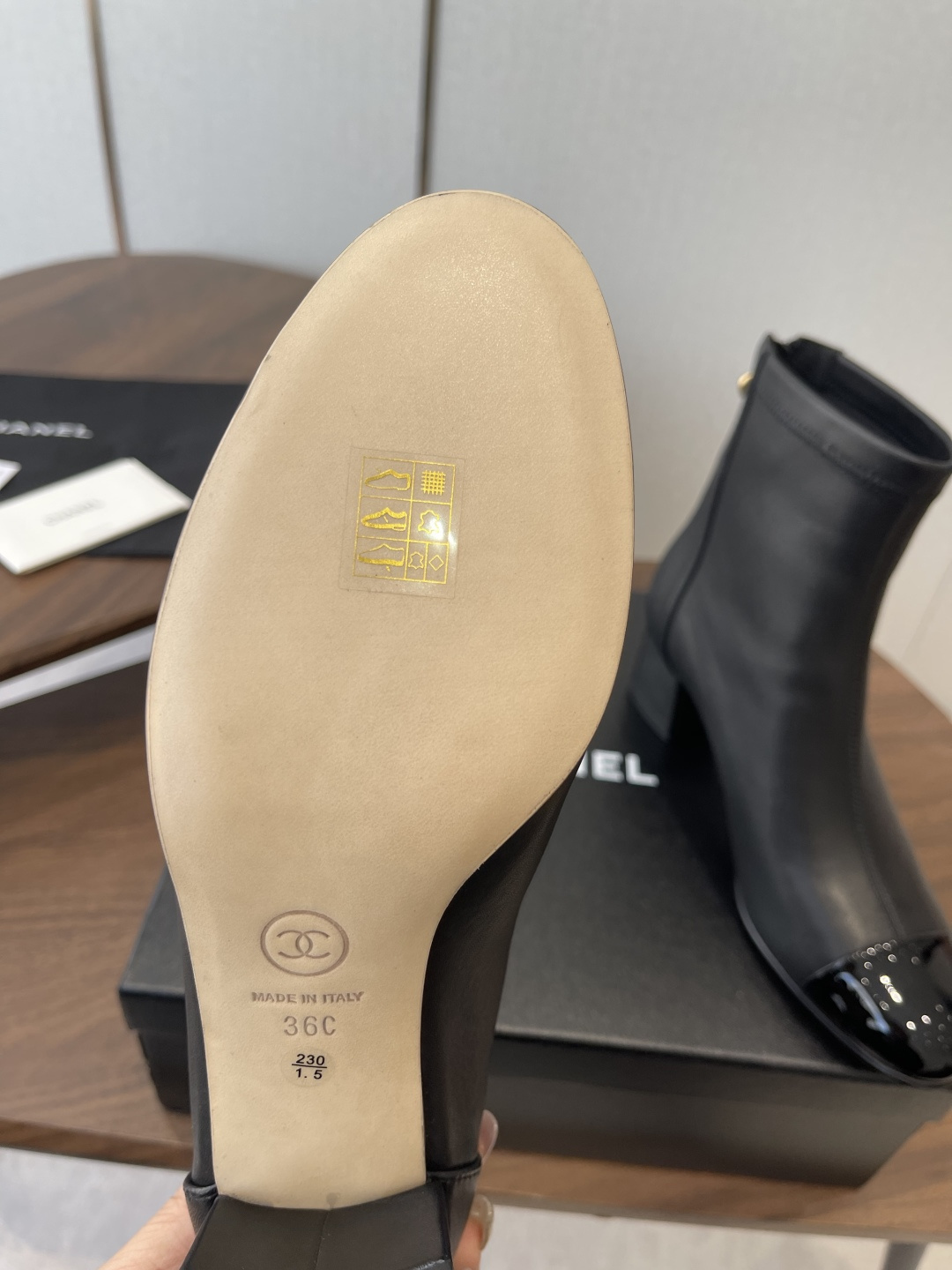 Chanel Black Lambskin Ankle Boots with Patent Toe & Block Heel